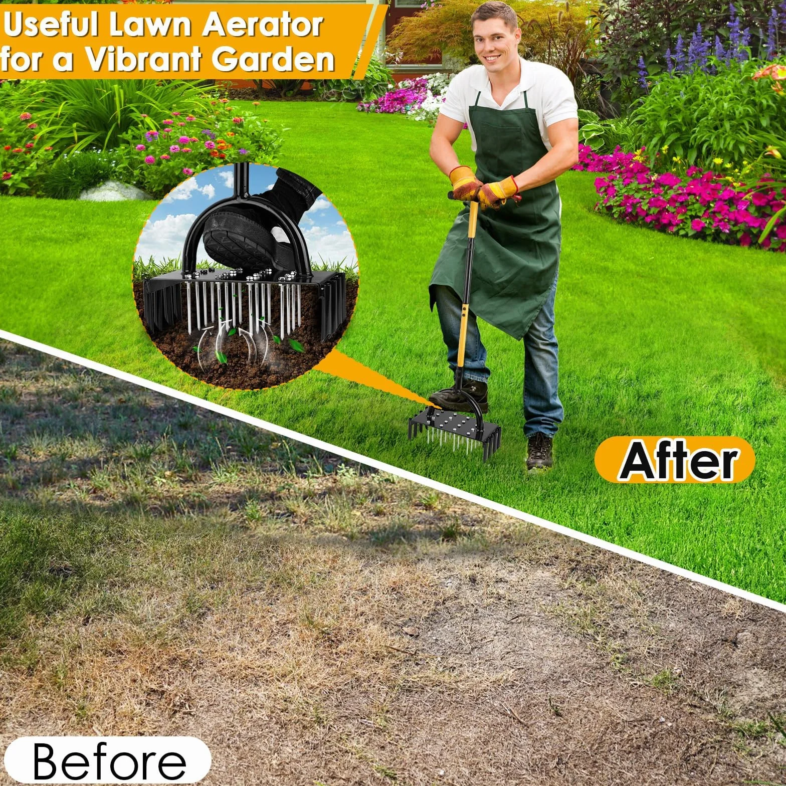 Aerator Narzędzie do trawnika, 96 cm Aerator Cesped Scarifier Ręczny napowietrzacz ziemny z uchwytem T z 17 kolcami z litej stali 9 cm do napowietrzania trawnika, patio, gleby