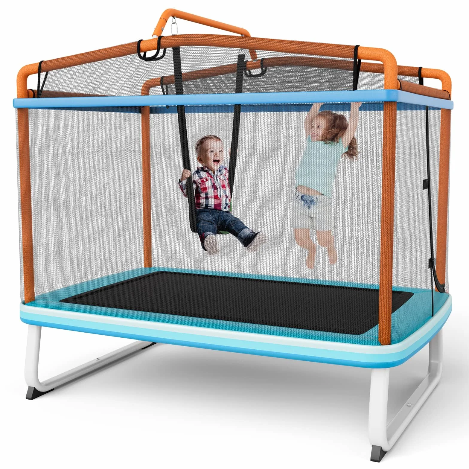Costway Trampolina dziecięca 3w1 prostokątna z huśtawką i drążkiem do ćwiczeń