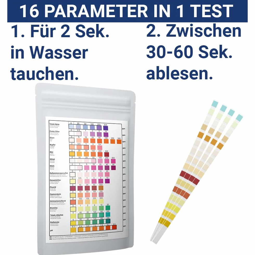 30 x 16 w 1 paski testowe do wody pitnej | Tester wody do analizy 16 parametrów | Idealny do wody pitnej, basenu, spa i akwarium | testuje twardość wody, ołów, żelazo, miedź i wiele innych.