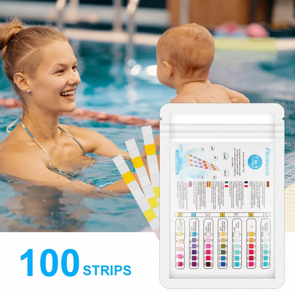 Flintronic 100 pasków testowych do basenu i spa, 7 w 1, paski do spa i basenu, paski ph do testowania jakości wody, bromu, pH, twardości, chloru i wolnego chloru, 100 sztuk