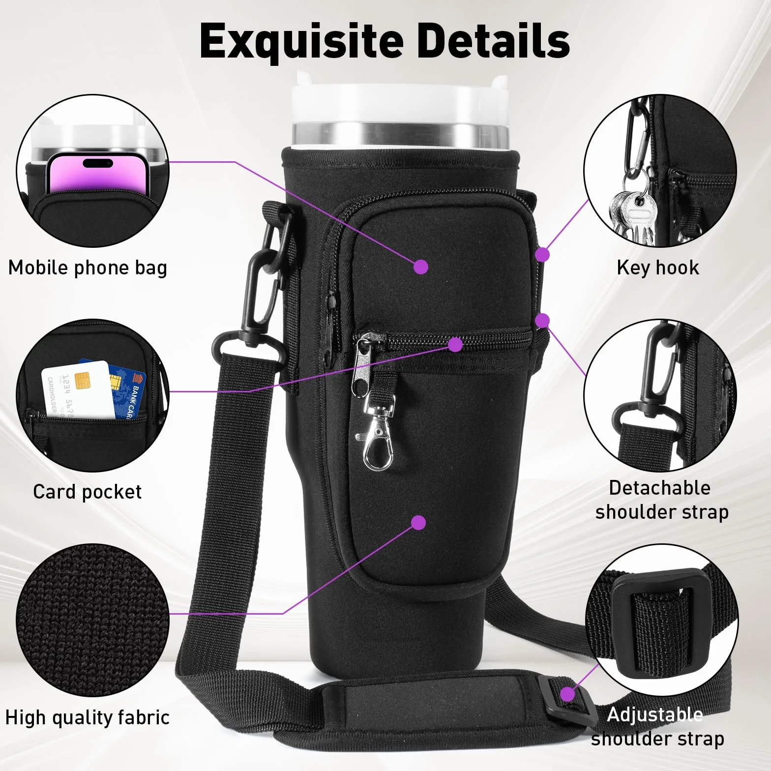 Torba na butelkę z wodą do Stanley Tumbler, akcesoria Stanley Cup z paskiem i kieszenią na telefon (czarny)