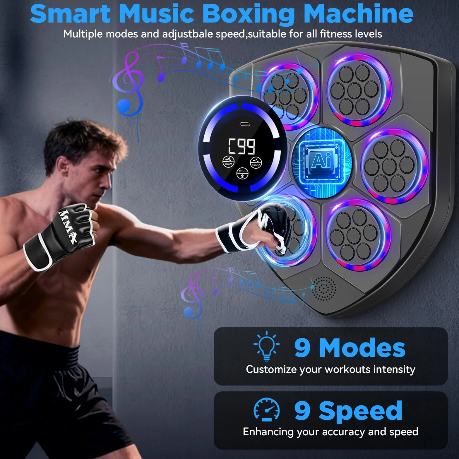 Music Boxing Machine dla dorosłych, inteligentna muzyczna maszyna do boksu Bluetooth z rękawicami bokserskimi, elektroniczny ścienny dziurkacz do domu, siłownia, trening, wewnątrz