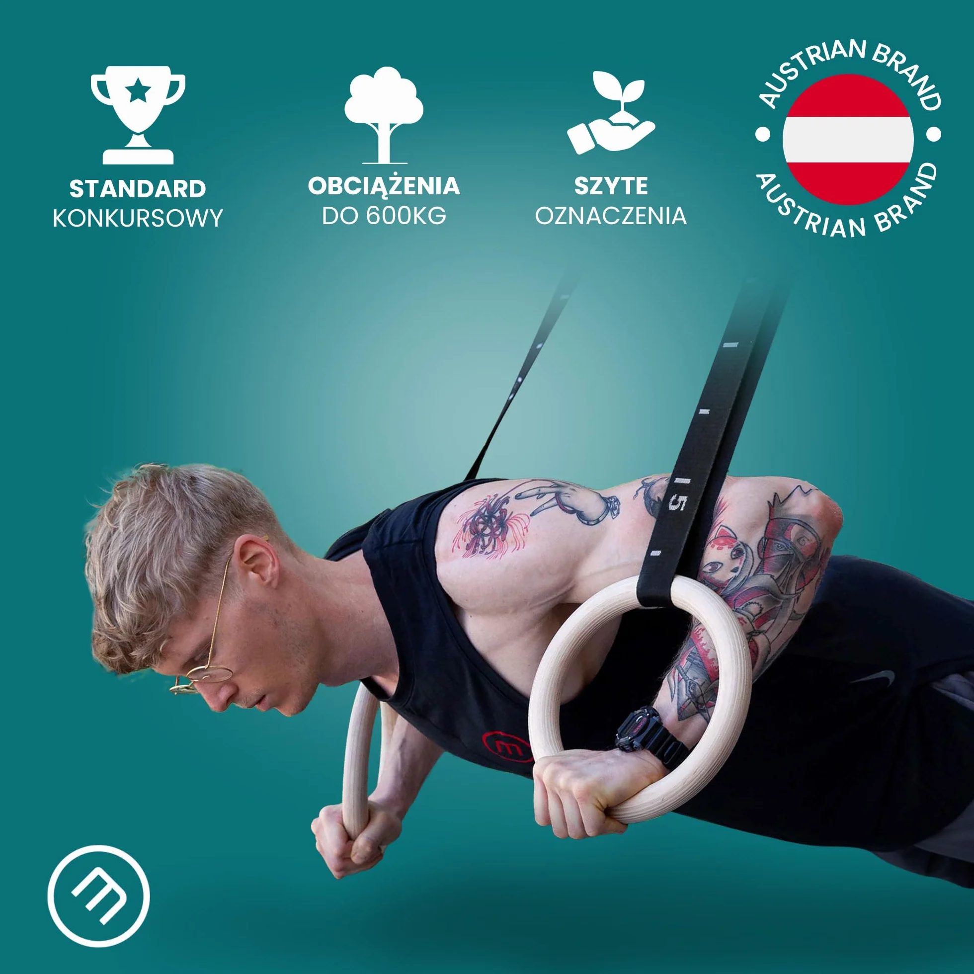 Zestaw pierścieni gimnastycznych drewno + mocowanie do kotwicy drzwi, e-book do ćwiczeń i regulowane paski bezpieczeństwa + oznaczenia długości | Drewniane olimpijskie siłownia gimnastyka atletyczna fitness | sprzęt do treningu mięśni domowego