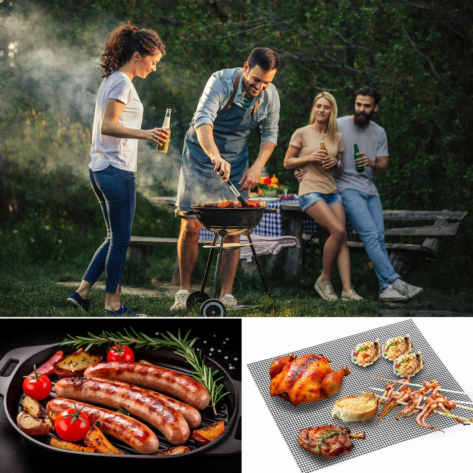 GWHOLE Zestaw 4 mat do grilla BBQ, nieprzywierające siatki do grillowania wielokrotnego użytku do grilla gazowego, węglowego i elektrycznego oraz piekarnika, odporne na wysoką temperaturę, arkusze do