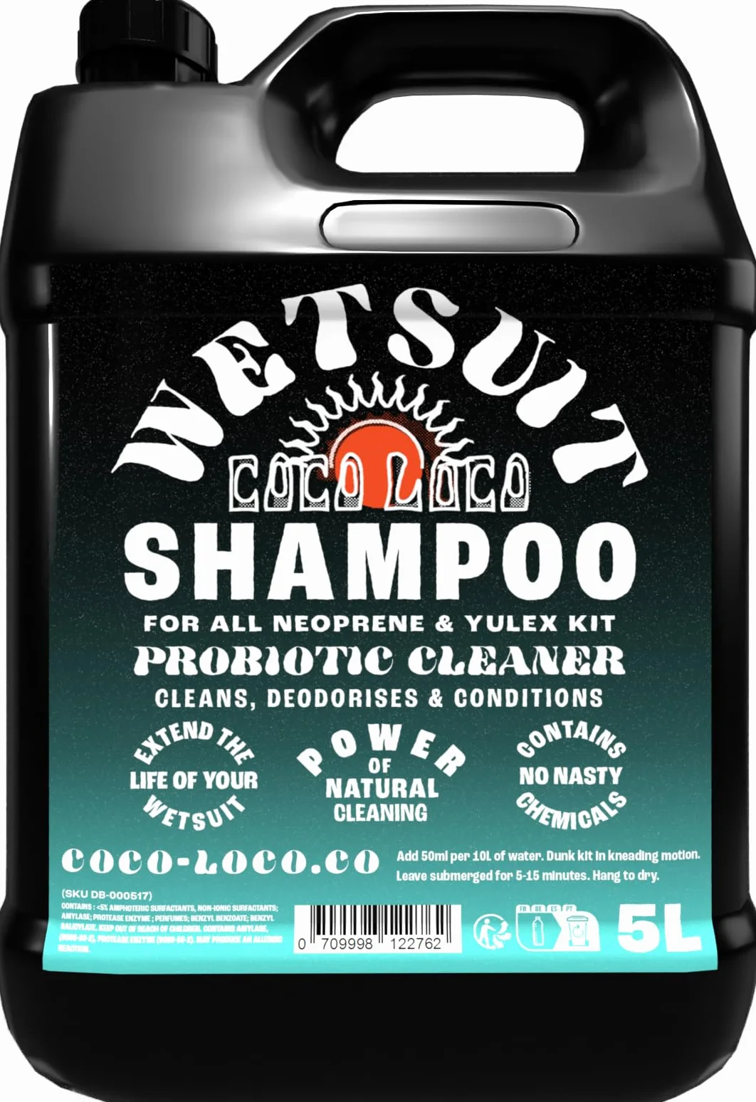 Dirtbusters Coco Loco Konzentriertes Reinigungs- und Desodorierungsshampoo für Neopren und Neoprenbekleidung - Tauchen/Surfen/Schwimmen - mit Eukalyptusduft - 5-Liter-Kanister