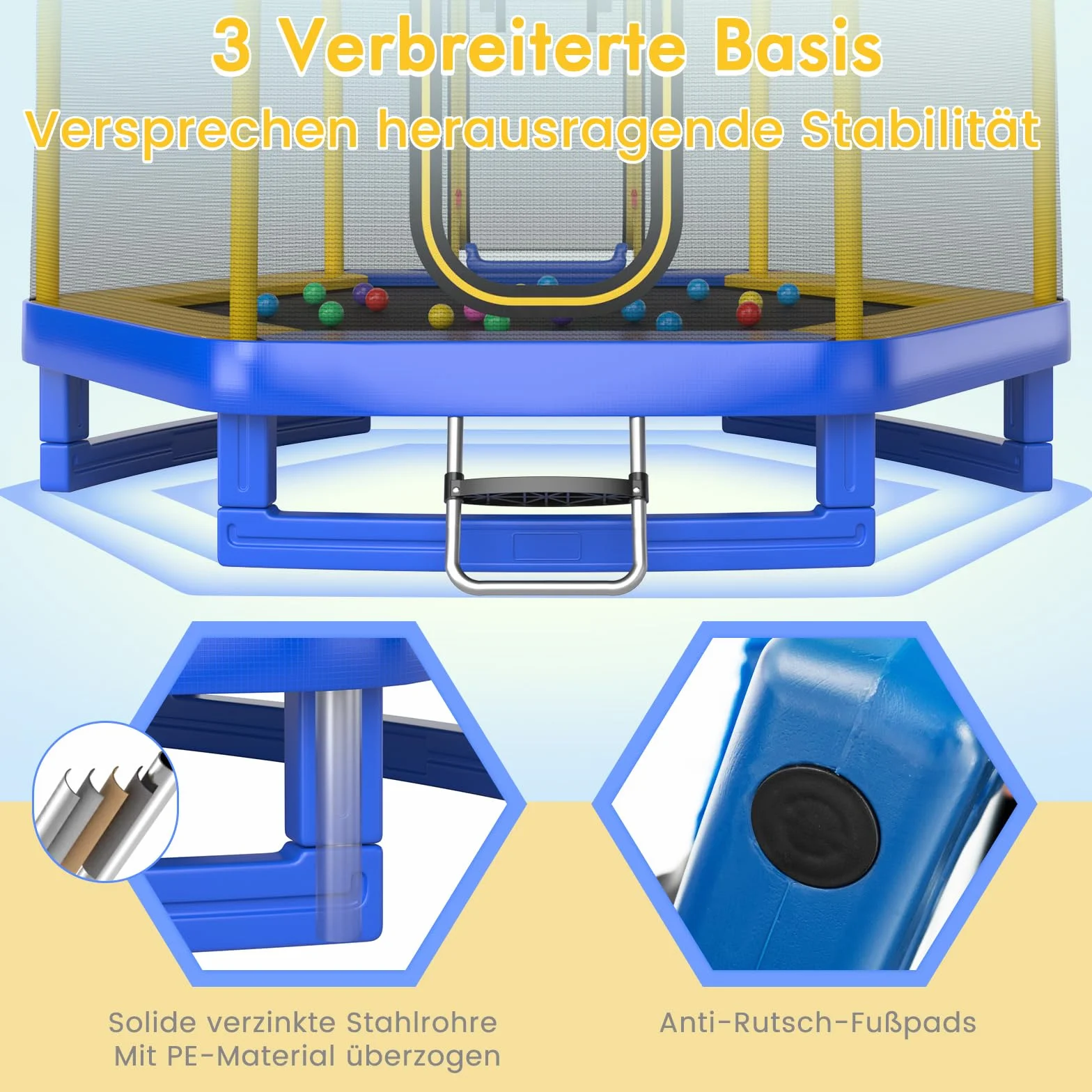 COSTWAY φ223 cm trampolina ogrodowa ze zjeżdżalnią, trampolina zewnętrzna do 270 kg, trampolina dziecięca z drabinką, siatką zabezpieczającą, osłoną krawędzi i piłkami oceanicznymi, dla 3+ lat