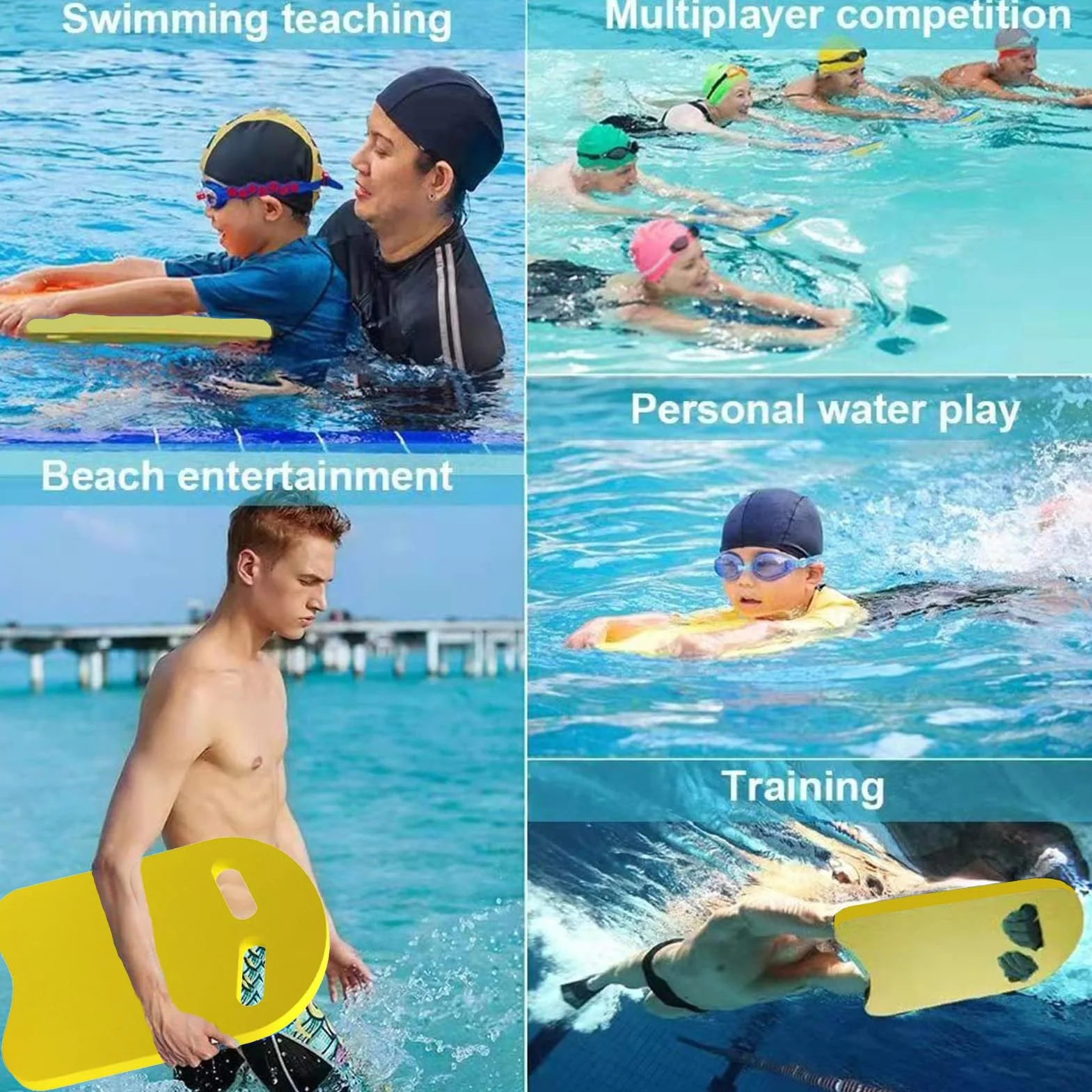 KickboardSwim Board, akcesoria treningowe na basen, deska do pływania z uformowanymi otworami, wiele możliwości chwytania, 100% EVA, bez PCW, 40 x 27 x 3 cm, żółta