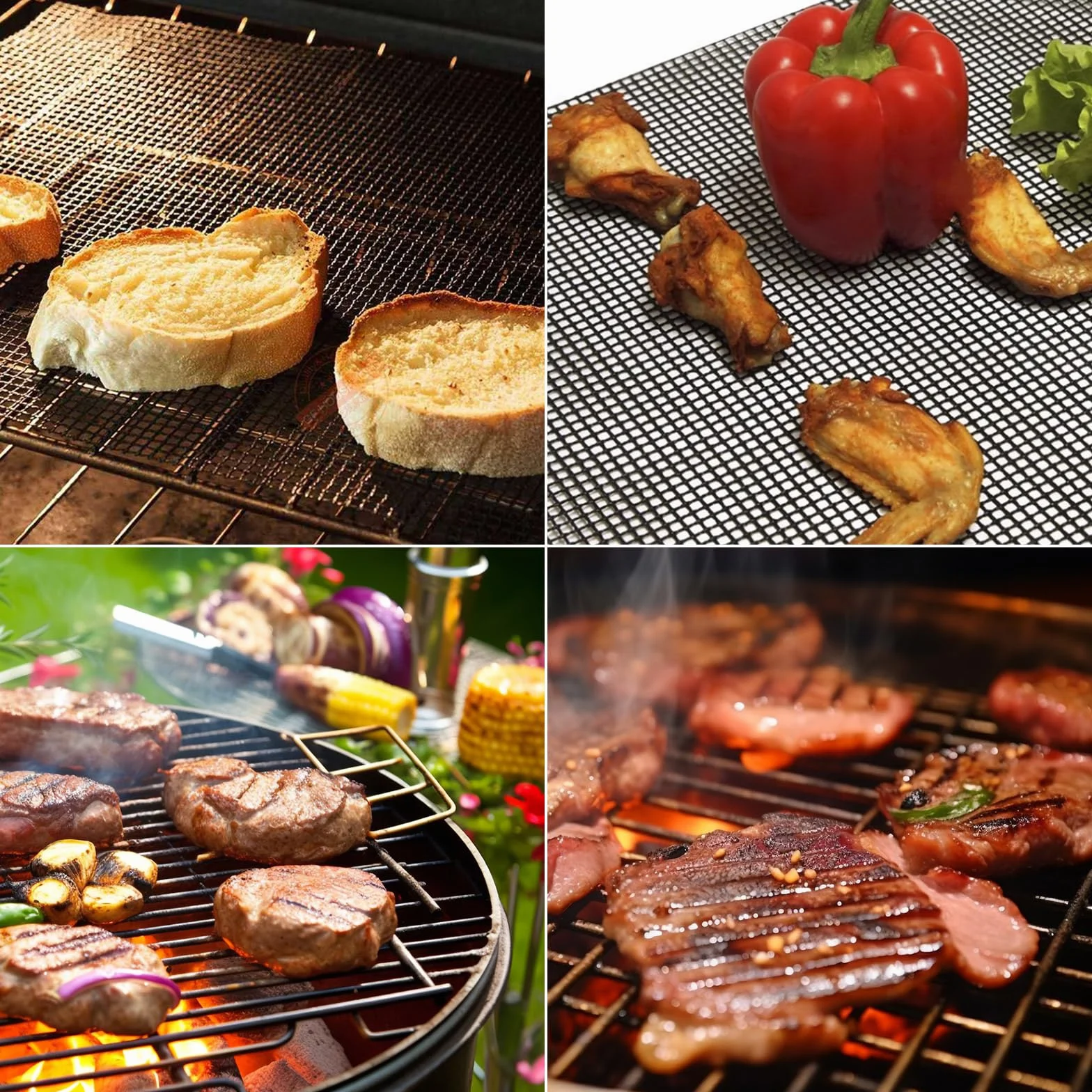 GWHOLE Zestaw 4 mat do grilla BBQ, nieprzywierające siatki do grillowania wielokrotnego użytku do grilla gazowego, węglowego i elektrycznego oraz piekarnika, odporne na wysoką temperaturę, arkusze do