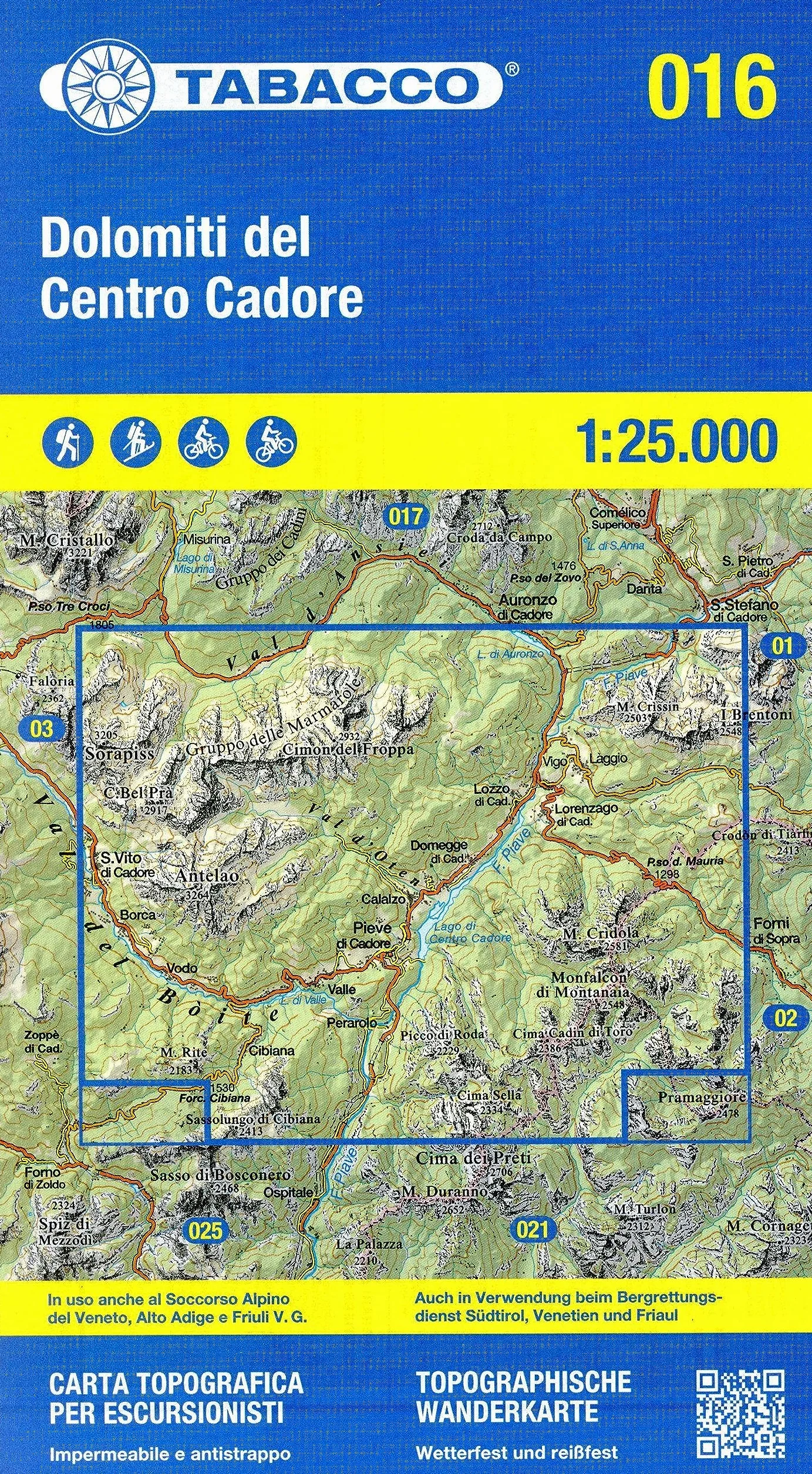 Dolomiti del Centro Cadore. Carta topografica in scala 1:25.000. Ediz. italiana, inglese, francese e tedesca: Tabacco Wanderkarte 1:25000: 16