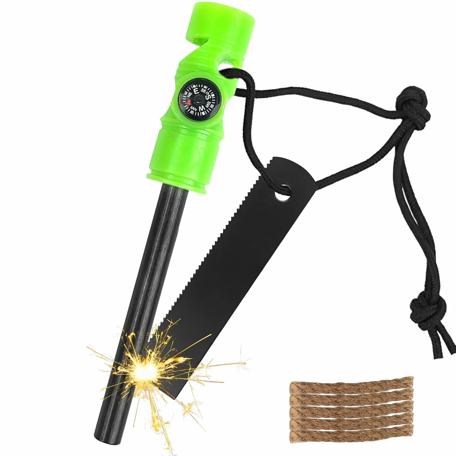 Krzesiwo magnezowe zestaw survivalowy wodoodporny z gwizdkiem i kompasem Paracord zielona