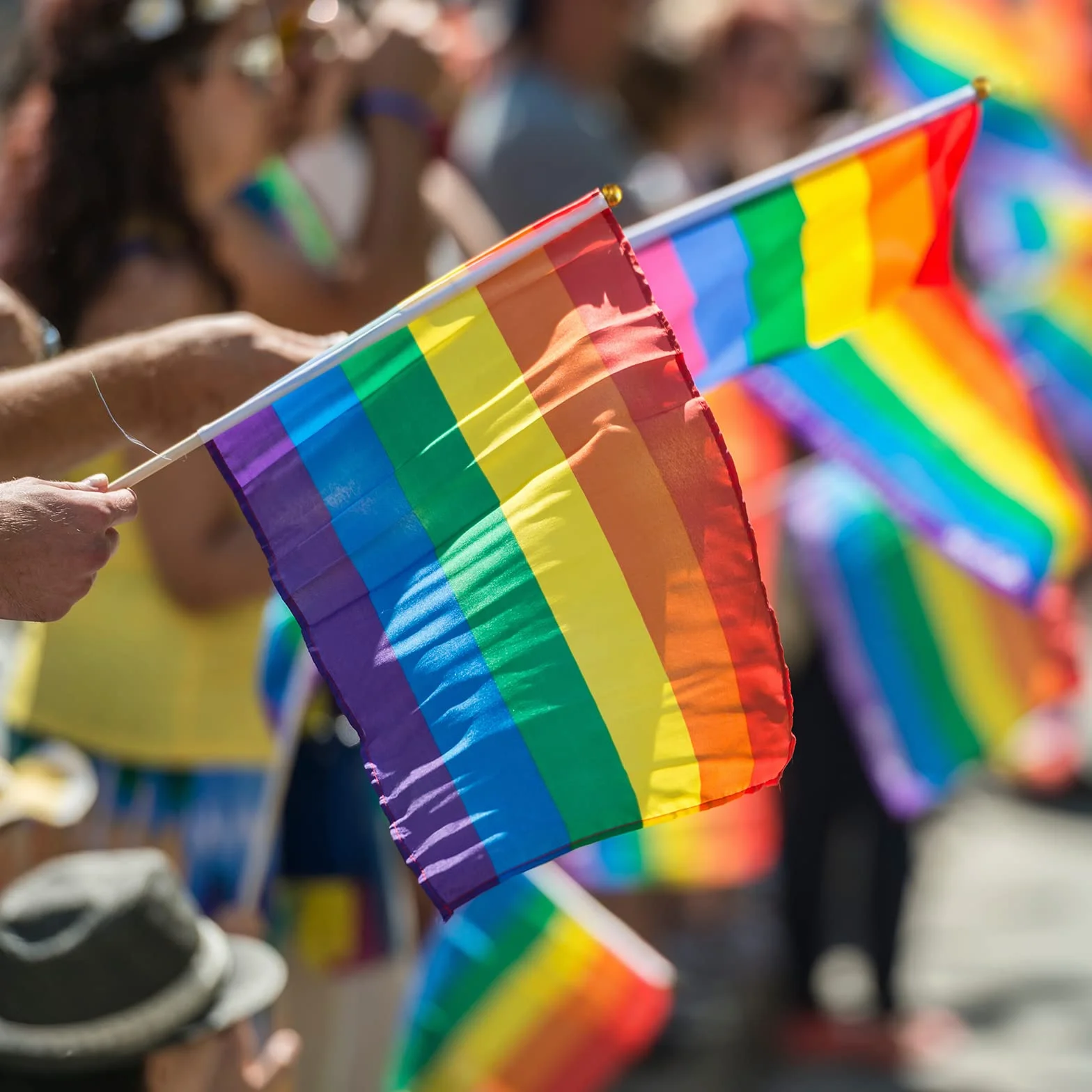 TRIXES 15 sztuk tęczowych flag machających – LGBTQ+ Pride / NHS banery z patyczkami na dłonie, akcesoria na imprezę paradę, festiwal, dekoracje ścienne do domu, samochodu i ogrodu, słupy 20 x 28 cm /
