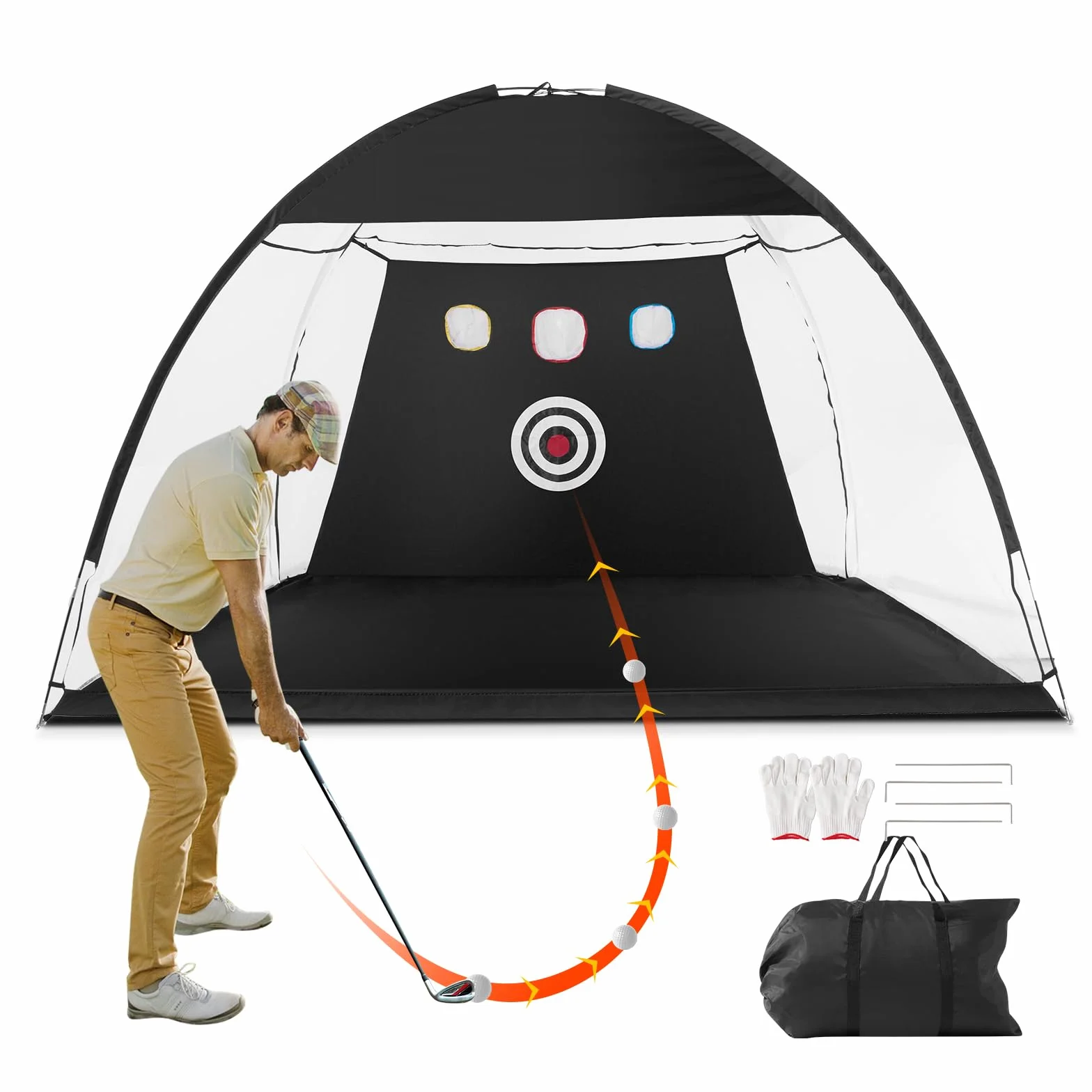 VEVOR Siatka do ćwiczeń golfowych – 3 x 2 m pomoc treningowa do wewnątrz i na zewnątrz z torbą do przenoszenia, idealna do jazdy na podwórku, odprysków, prezent dla miłośników golfa, Czarny, 10x7Ft