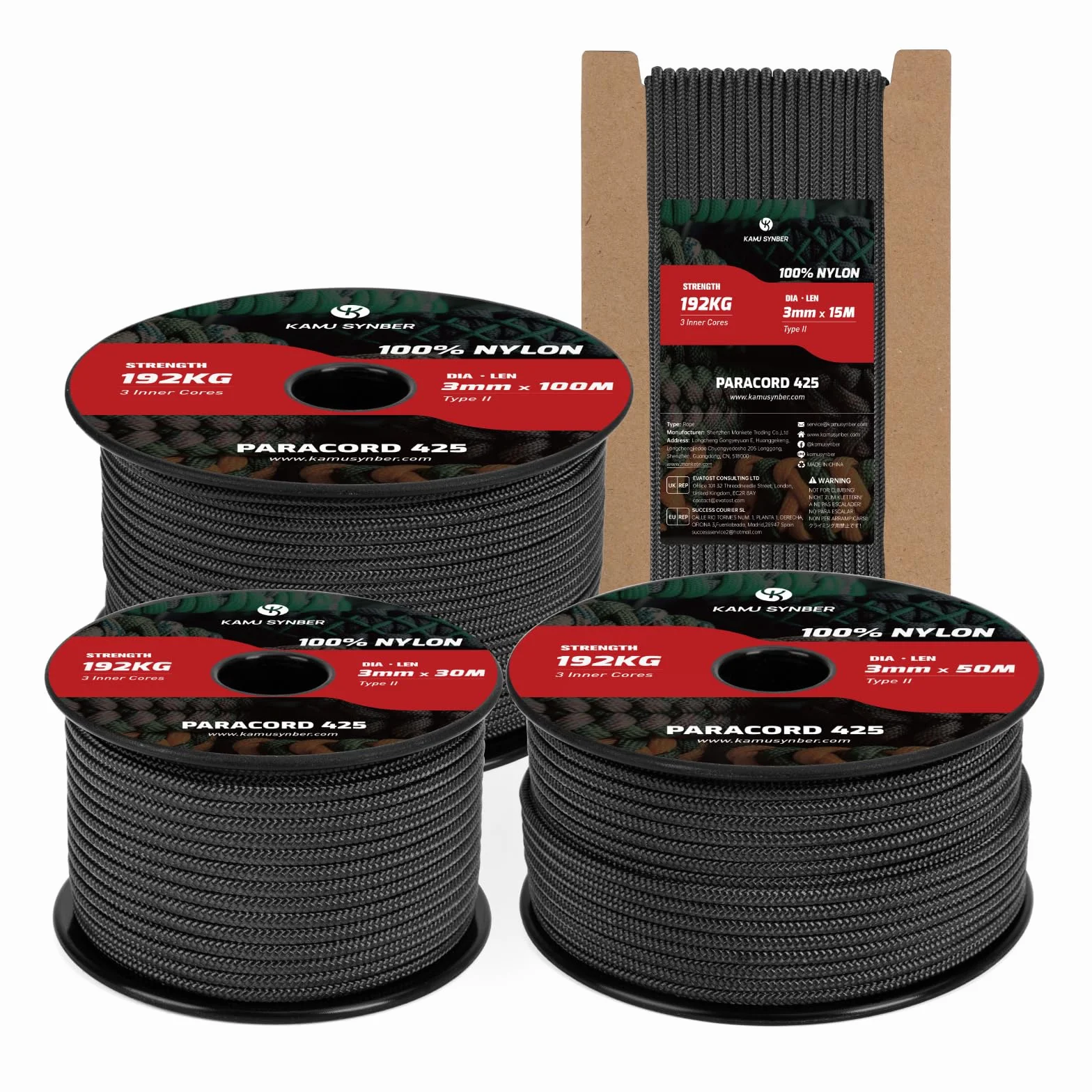 425 Paracord 3mm 15M 100% Nylonowa Lina 3 Strands Linka Sznurek Typ II do Zewnątrz, Rzemieślnicze | Wsparcie 192kg | Czarny