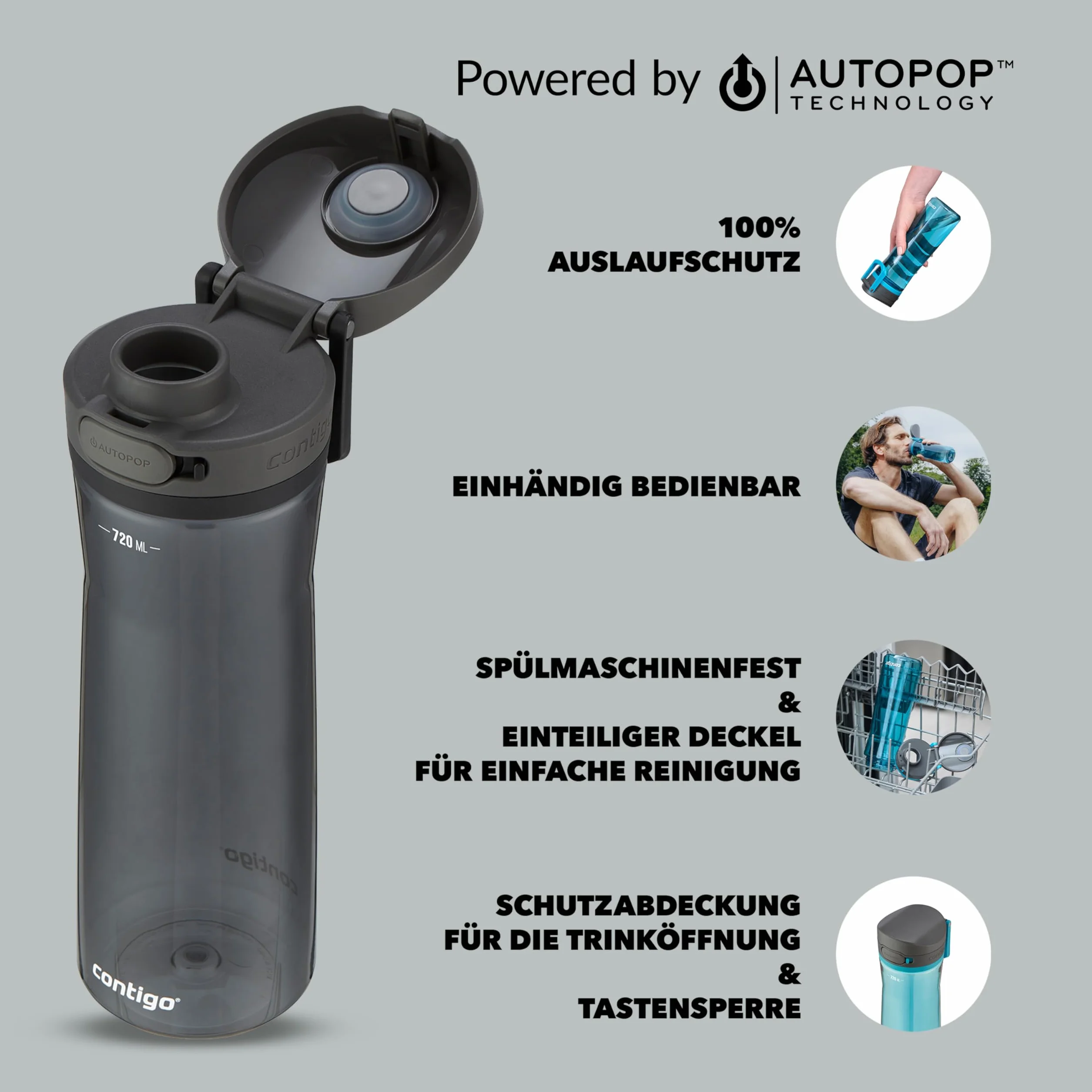 Contigo Jackson Butelka na napoje, duża butelka bez BPA, w 100% szczelna, nadaje się do mycia w zmywarce, do uprawiania sportu, roweru, joggingu, wędrówek, pracy, szkoły, 720 ml