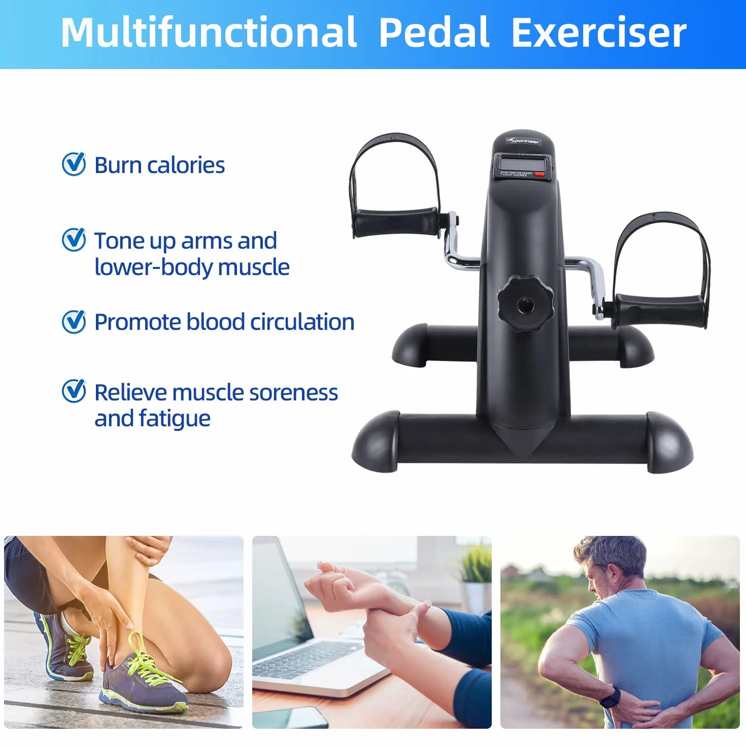 Mini rower treningowy Sportneer przenośny z cyfrowym monitorem i matą antypoślizgową regulowany opór