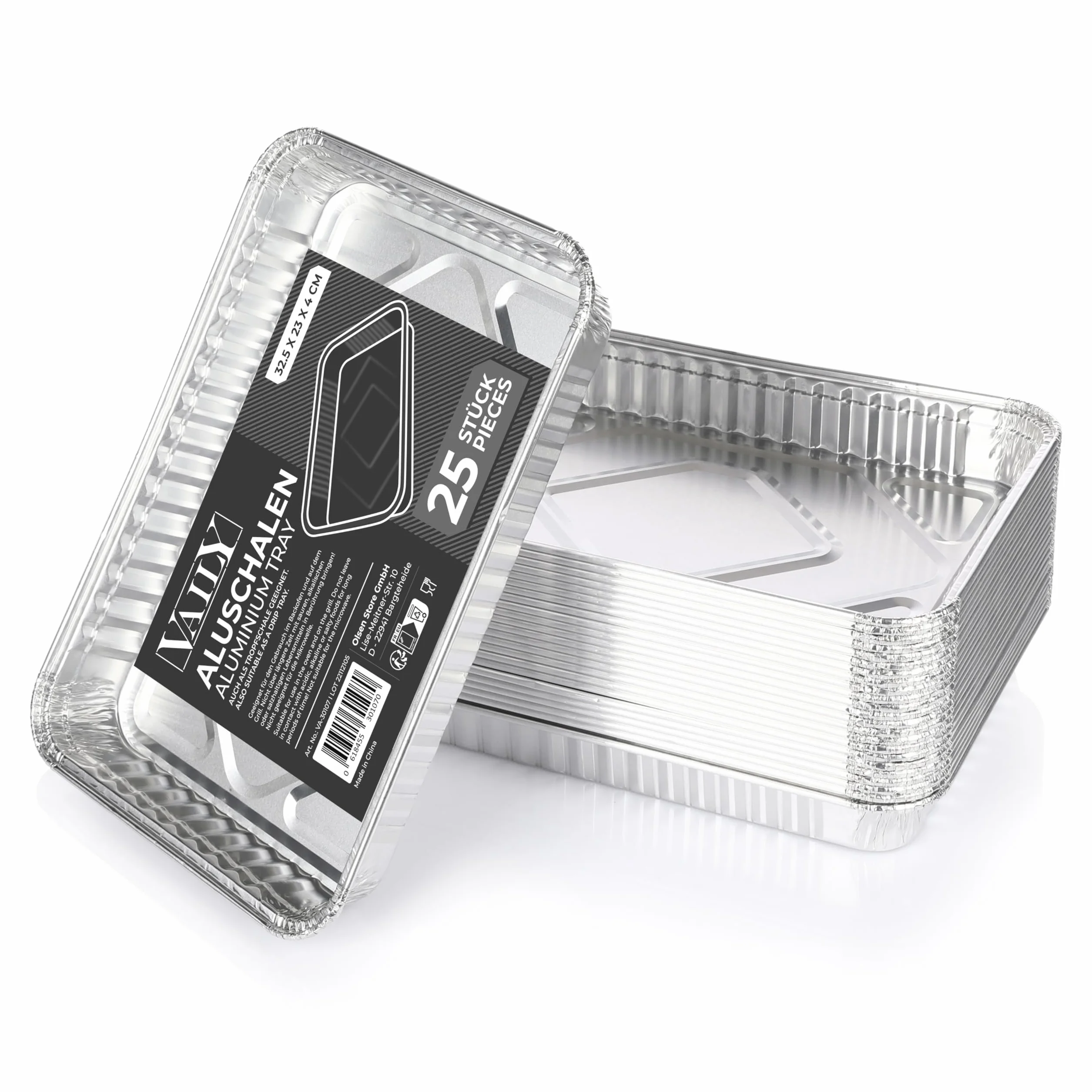 Vaily Aluminiowe tacki ociekowe, duże, 25 sztuk – wegańskie miski aluminiowe, akcesoria do grilla gazowego, węglowego i elektrycznego jako tacka na tłuszcz, 32,5 x 23 cm