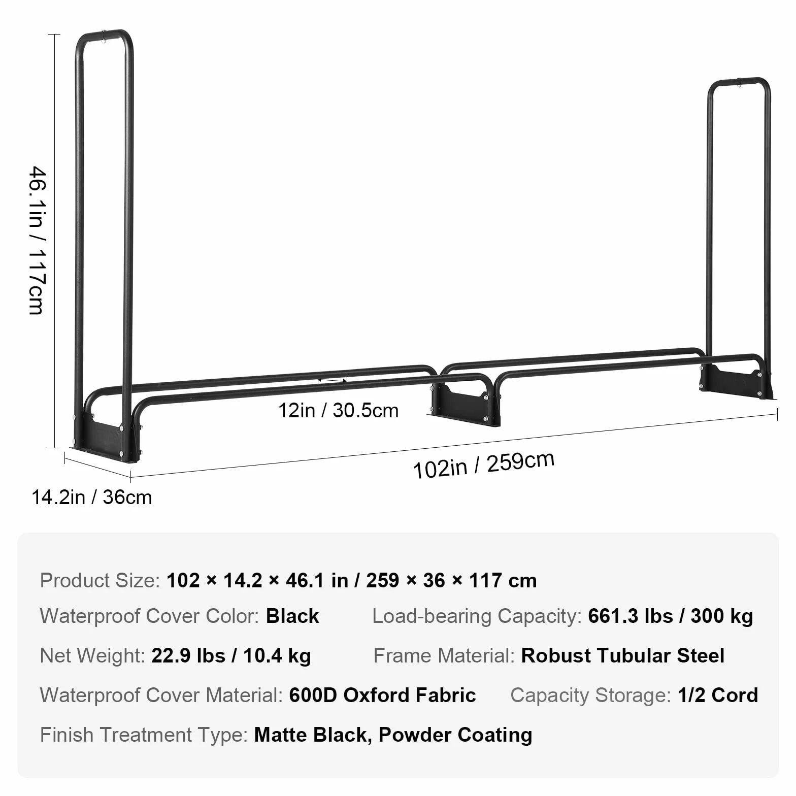 VEVOR Stojak na drewno opałowe na drewno opałowe 259 x 36 x 117 cm z wodoodporną pokrywą 600D Oxford uchwyt na drewno kominkowe Wewnętrzny stojak na drewno opałowe na 1/2 liny opałowej
