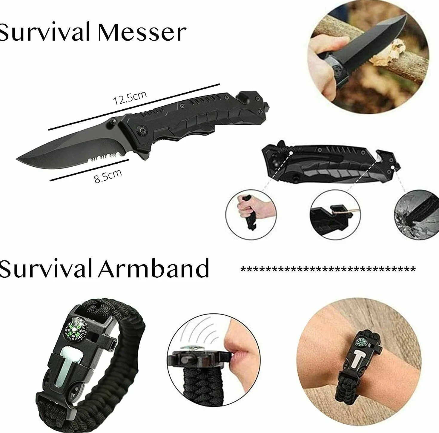 Zestaw survivalowy 15 w 1 nóż latarka taktyczna czarny