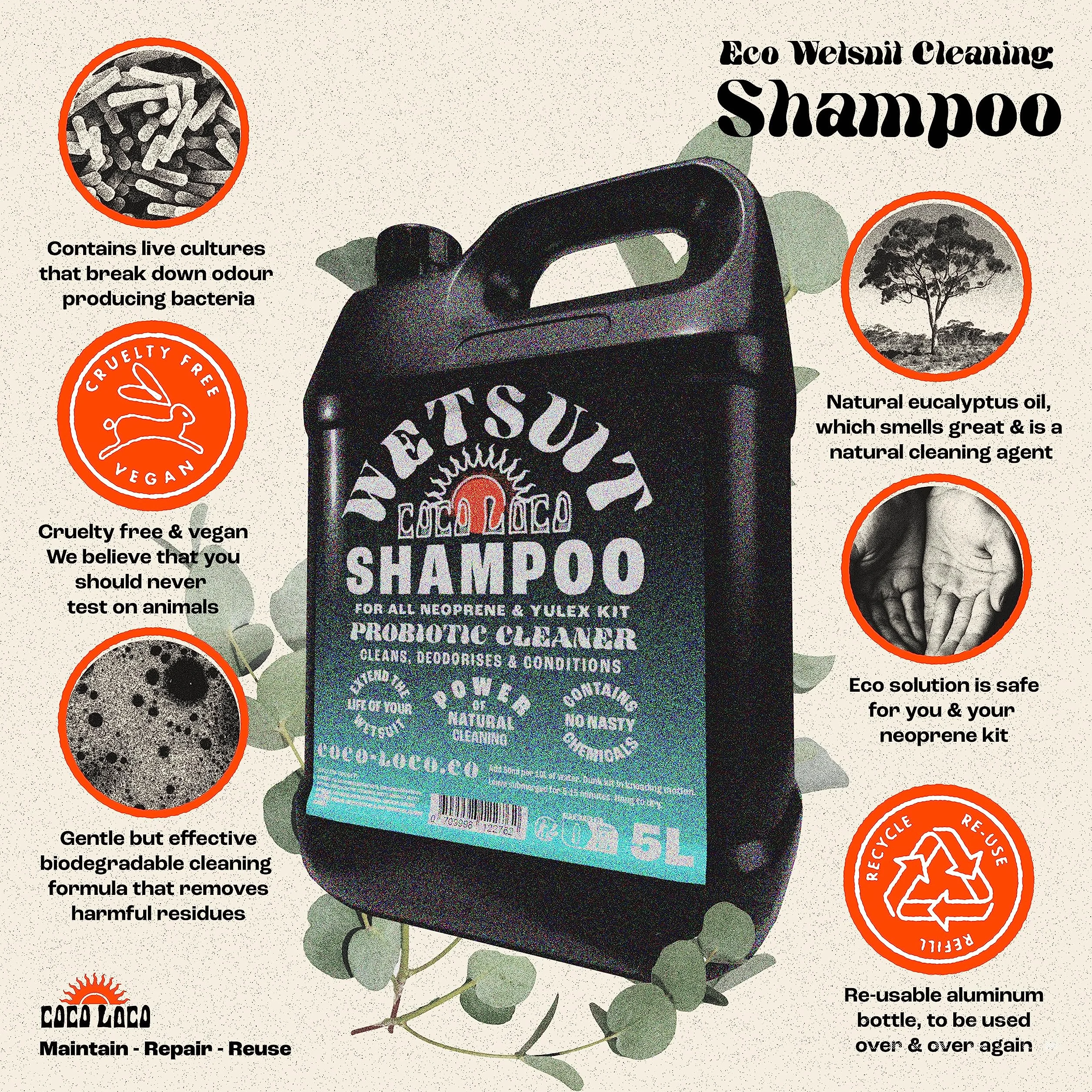 Dirtbusters Coco Loco Konzentriertes Reinigungs- und Desodorierungsshampoo für Neopren und Neoprenbekleidung - Tauchen/Surfen/Schwimmen - mit Eukalyptusduft - 5-Liter-Kanister