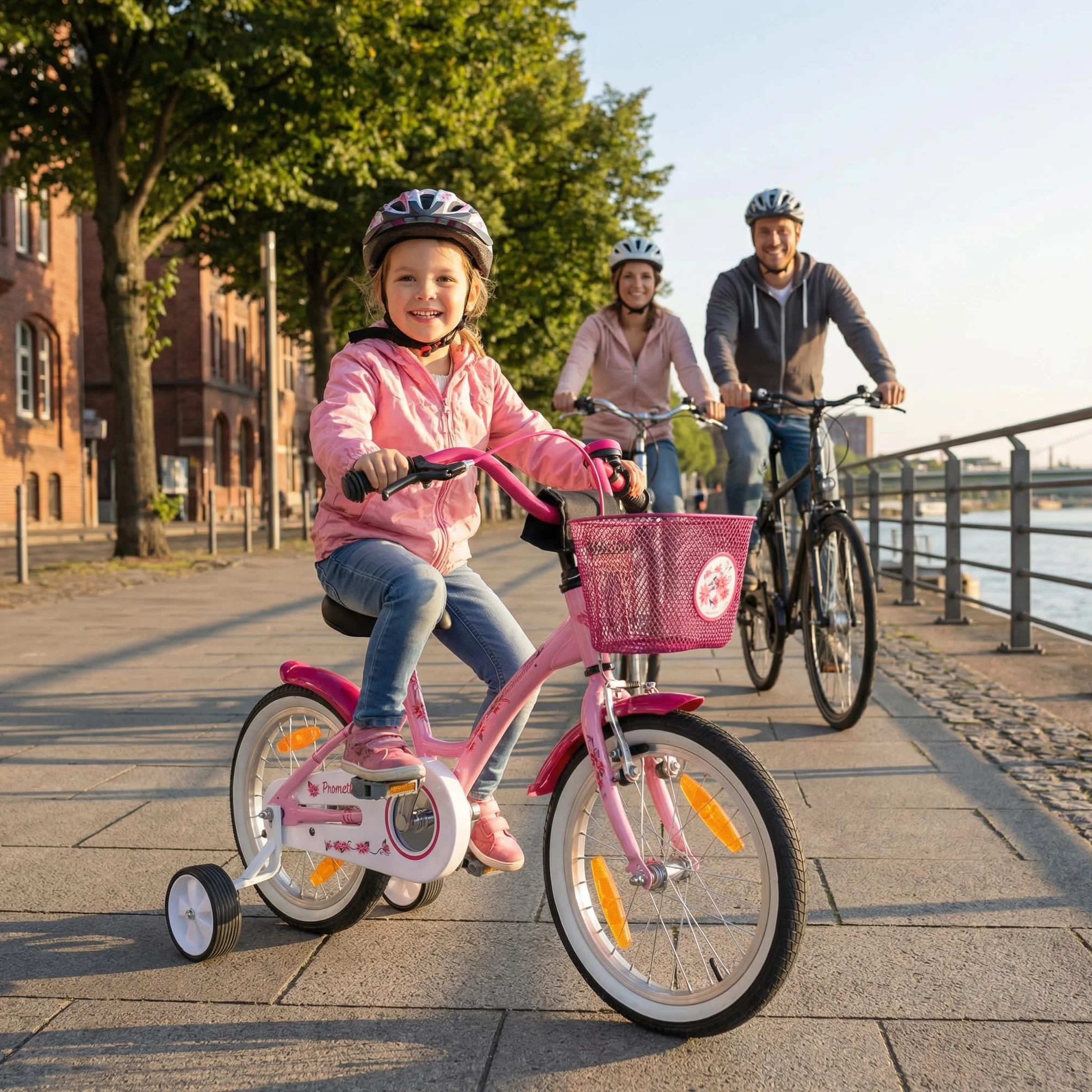 PROMETHEUS BICYCLES rower dziecięcy 16 cali dla dziewczynki z kółkami treningowymi hamulec nożny różowy