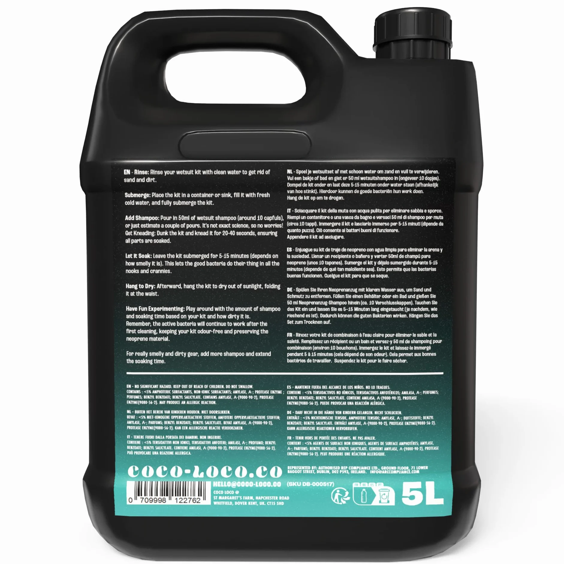 Dirtbusters Coco Loco Konzentriertes Reinigungs- und Desodorierungsshampoo für Neopren und Neoprenbekleidung - Tauchen/Surfen/Schwimmen - mit Eukalyptusduft - 5-Liter-Kanister