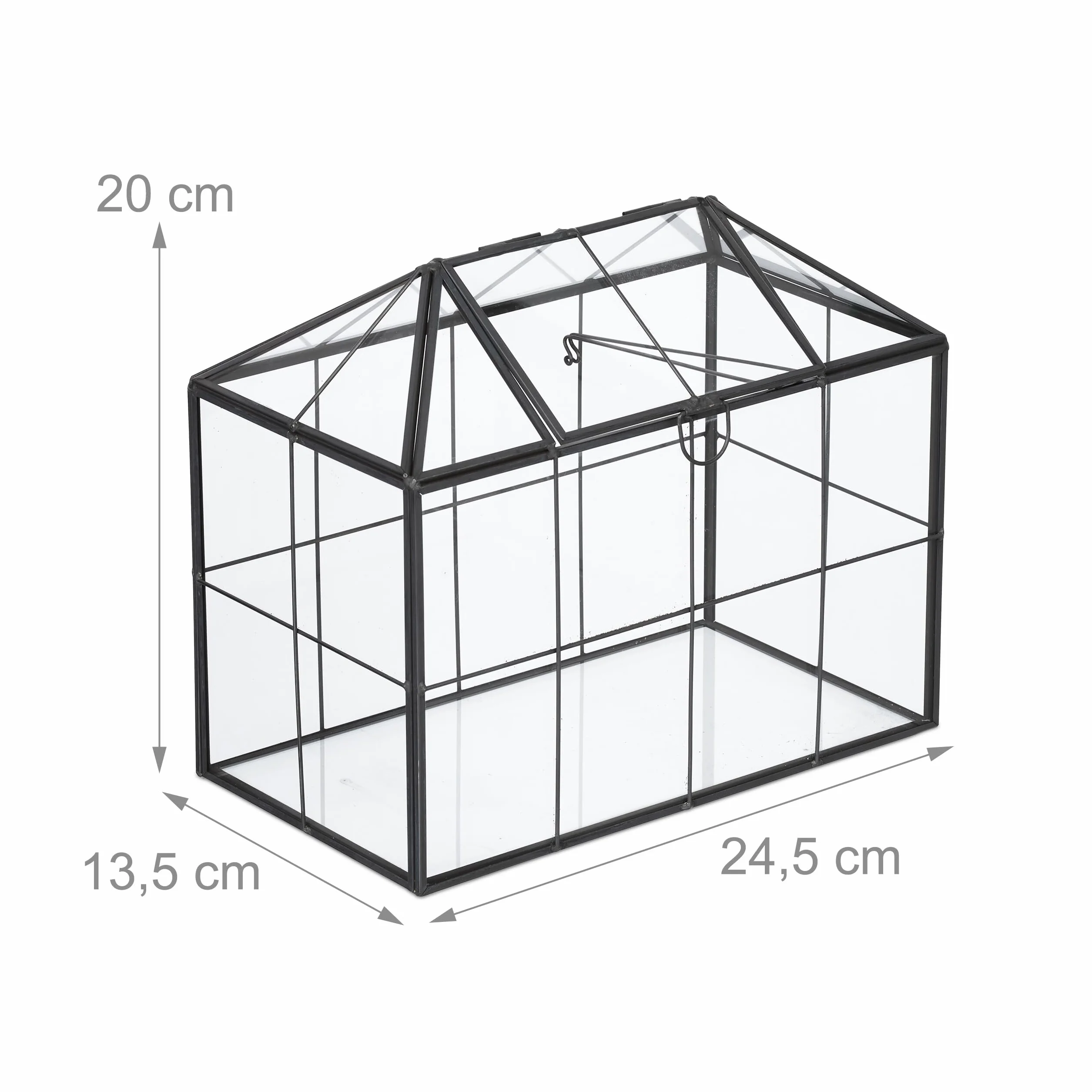 Relaxdays Terrarium roślinne, szkło i cyna, dekoracyjny szklany domek na kaktusy i mech, szklana skrzynka na parapet, czarna