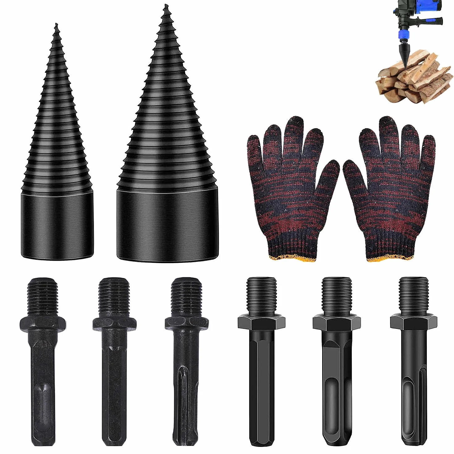 Zestaw 9 sztuk łuparek stożkowych do drewna, 32 mm/42 mm, stożek do rozłupywania drewna, śruba do łuparki, wiertło do łuparowania drewna opałowego, dla ogrodników i drwalów, rozdzielacz Power Log (9)