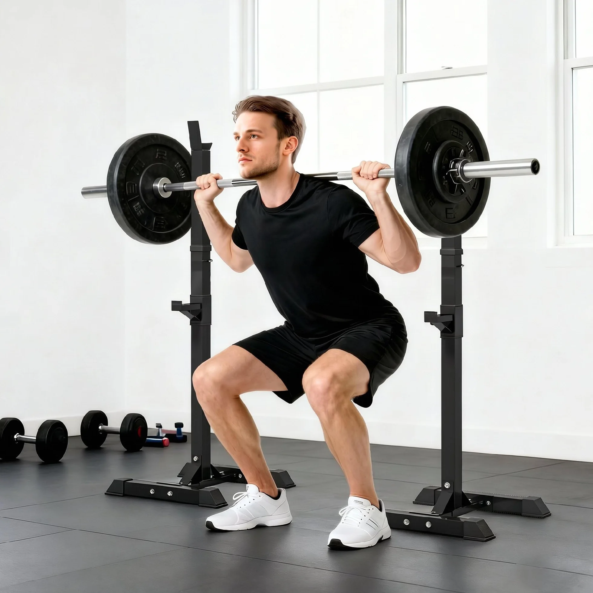 HOMCOM Stojak na hantle, zestaw 2 szt., stojak na długie hantle z regulacją wysokości, sztanga długa z gumowymi nakładkami, 105-160 cm, trening siłowy, do 150 kg, stal