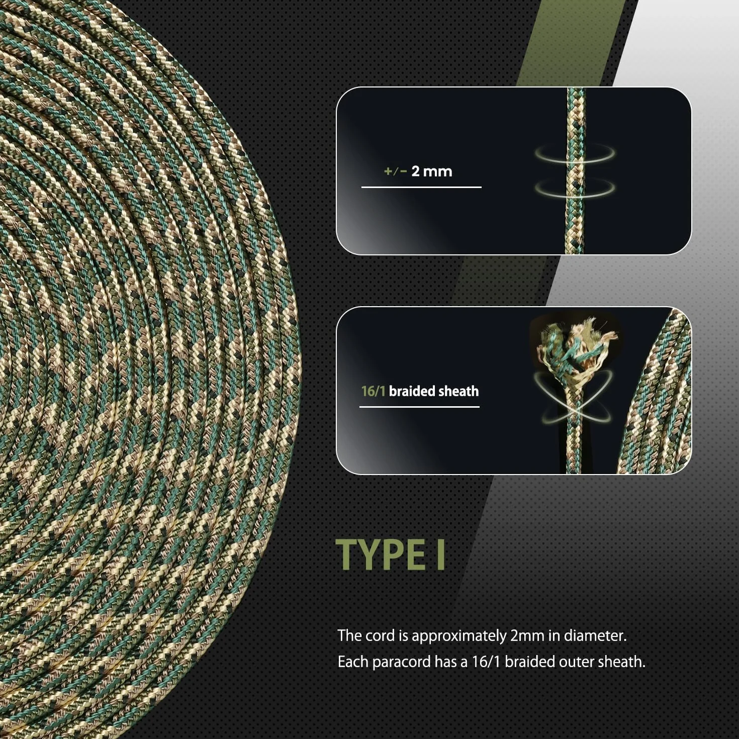Abma Cord Paracord 2mm 15m 100% Nylonowego Sznurka 1 Strand Linka Spadochroniarska Typ I - Max. 45kg (100lbs) - Kamuflaż R