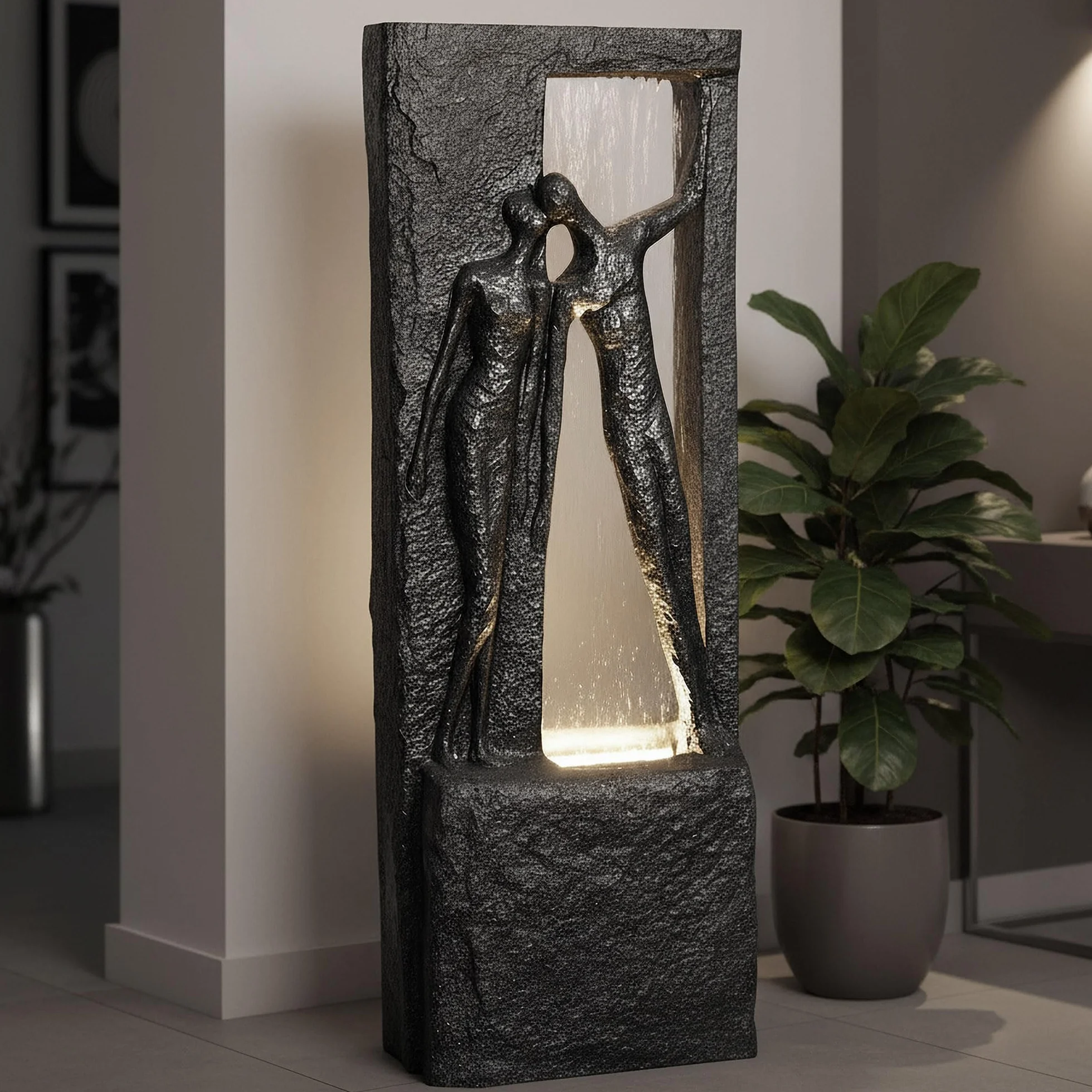 Fontanna ogrodowa, z oświetleniem LED, 99,5 cm, ze szklanym blatem, imitacja brązu, figurka ogrodowa, dekoracja ogrodowa