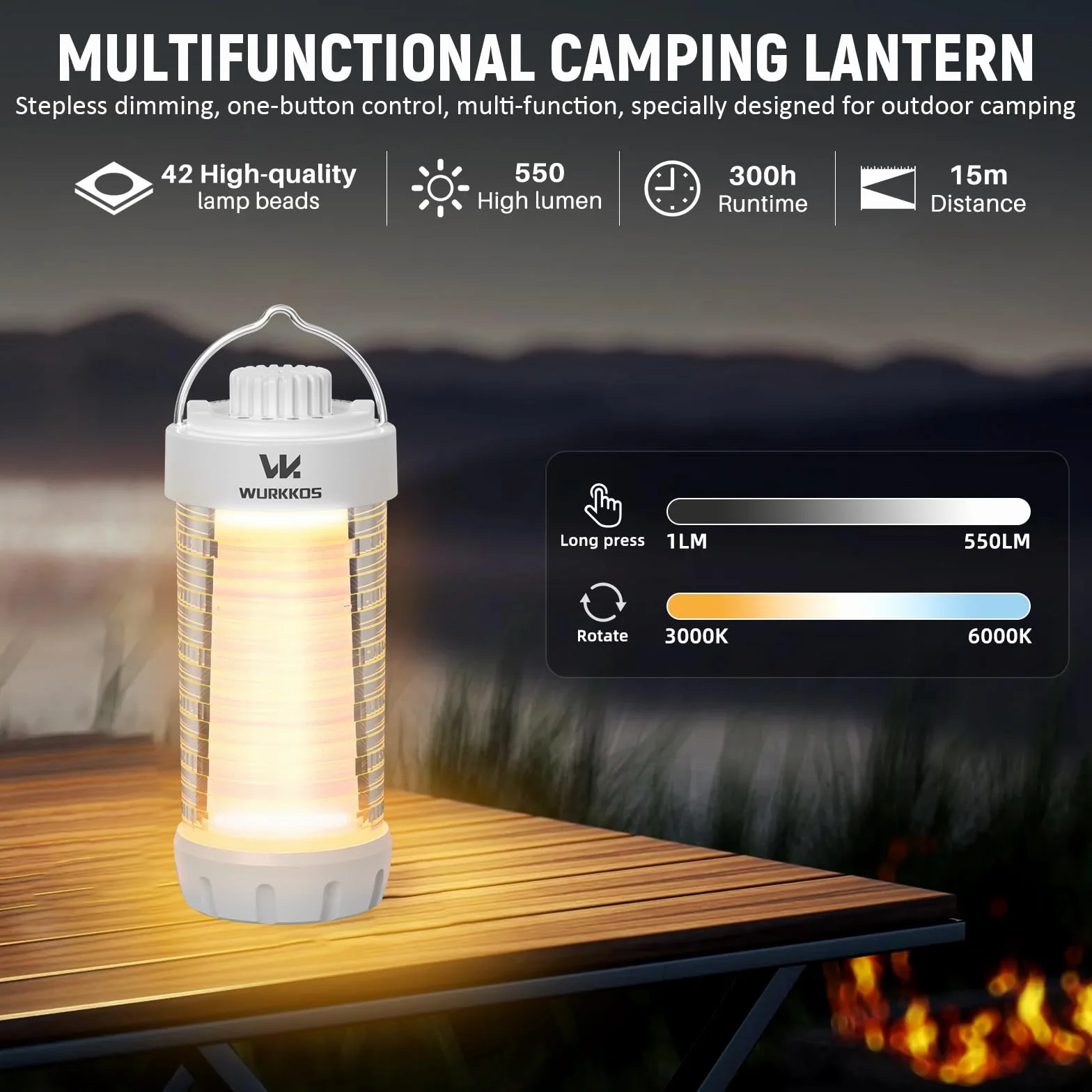 Wurkkos CL01 Akumulatorowa lampa kempingowa 550 lm wodoodporna z podstawą magnetyczną 300h RGB