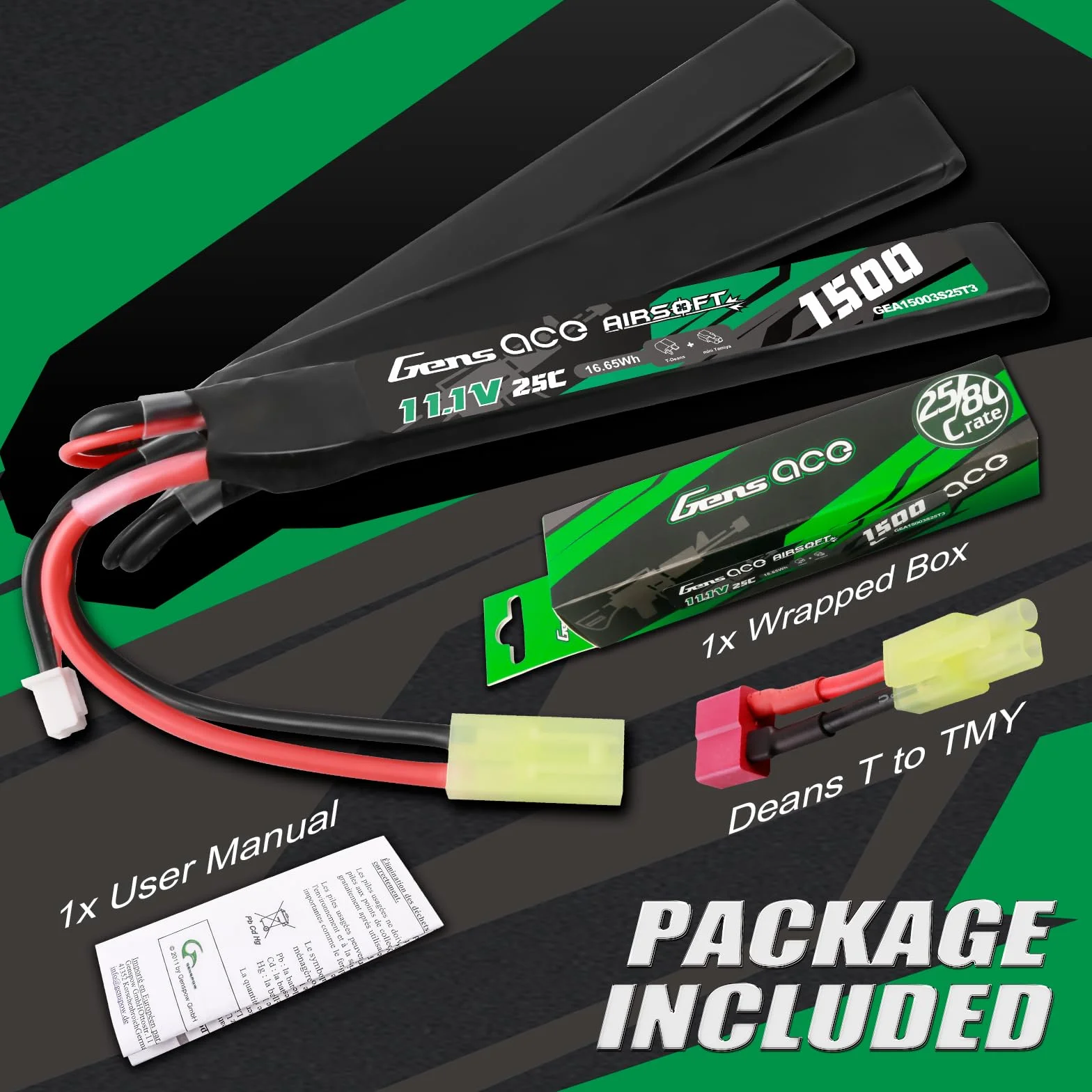 Gens Ace Bateria LiPo 11,1 V 1500 mAh 25C 3S1P do Airsoft AEG
