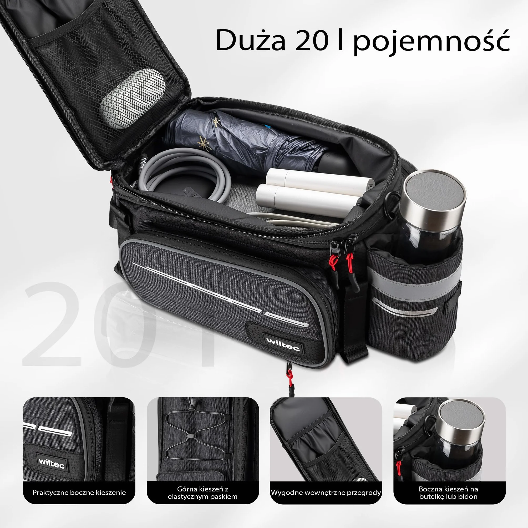 Wiltec sakwa rowerowa 20 l wodoodporna czarna 3 przegrody montaż na bagażnik
