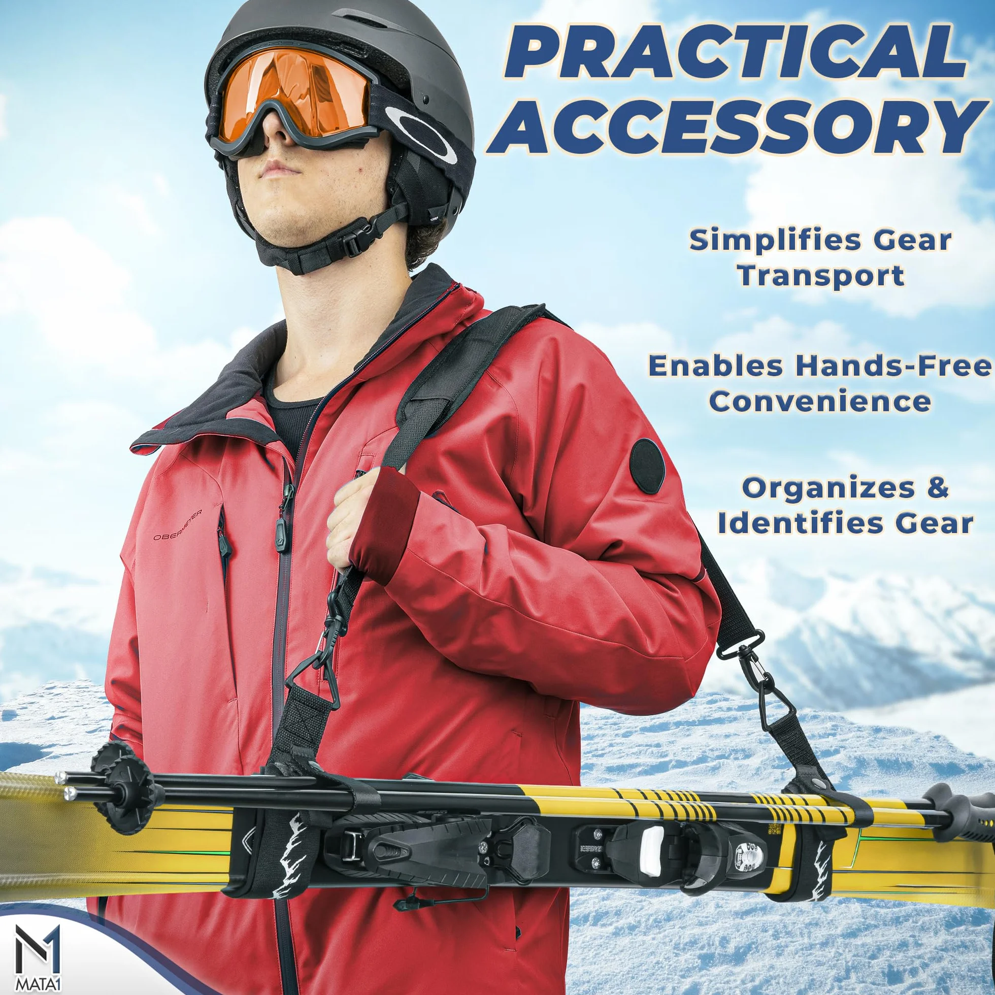 Ski Strap and Pole Carrier – Black – Adjustable shoulder strap for easy carrying of skis and poles
