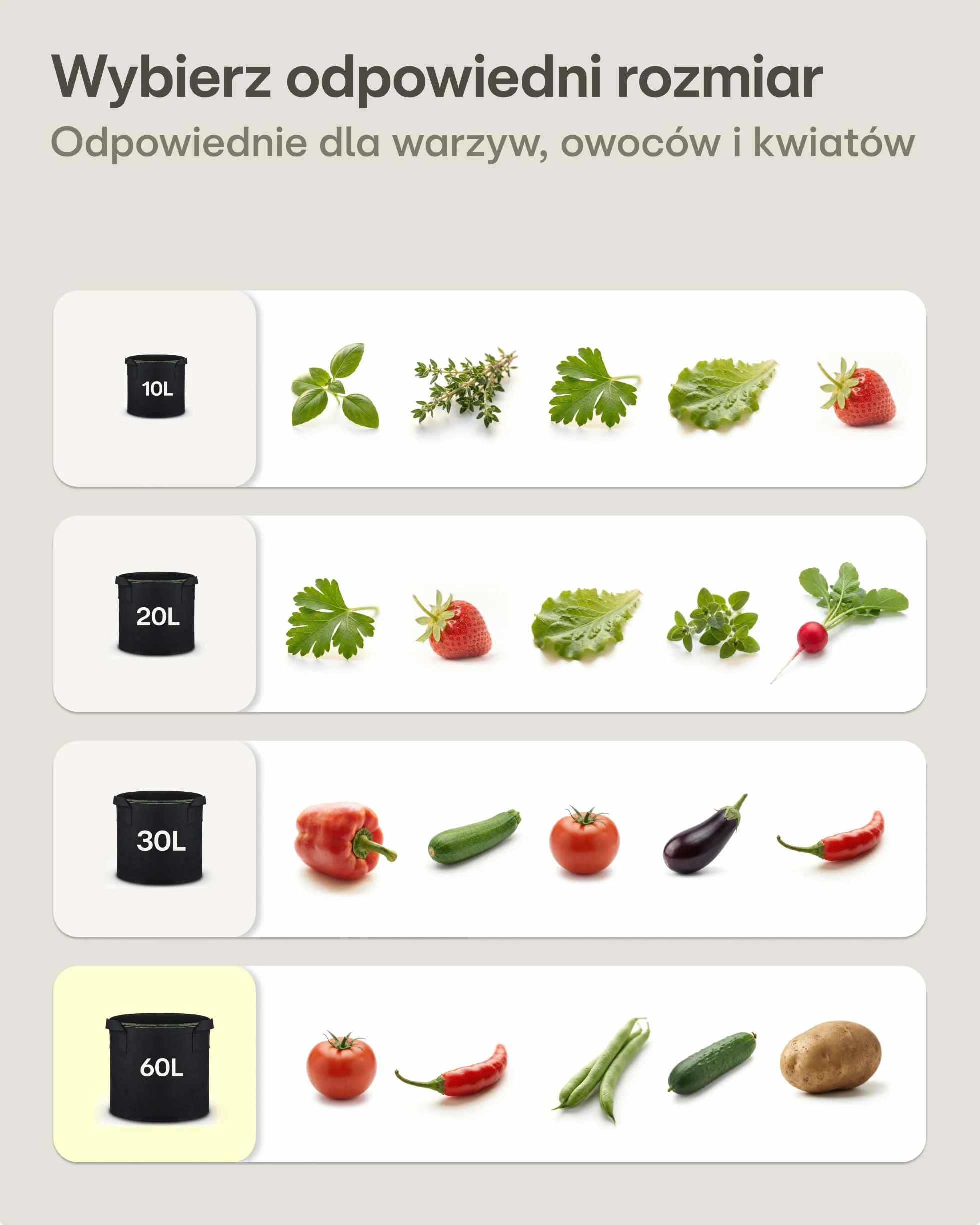 Worek do sadzenia 60L - 3 Torba na rośliny z etykietami - Z uchwytem - Do warzyw i roślin