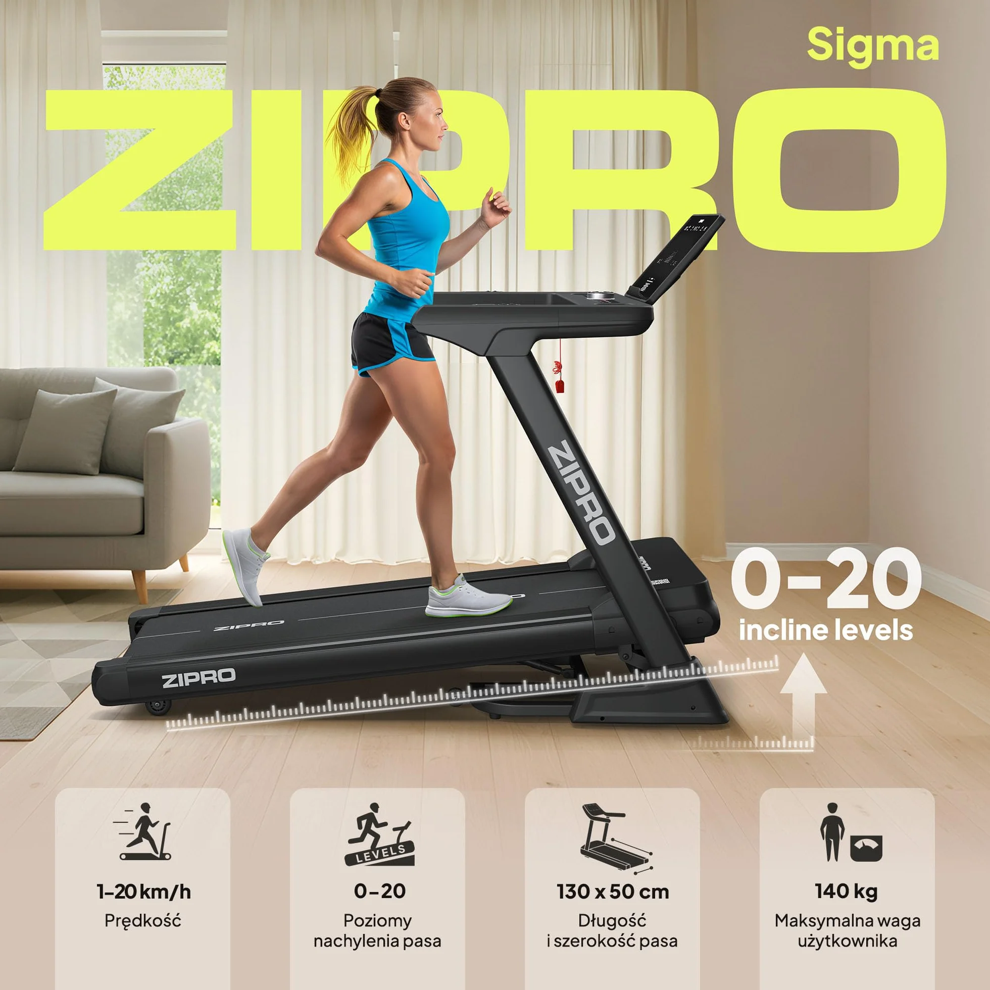 ZIPRO Sigma Bieżnia Elektryczna Składana 20 km/h Regulacja Nachylenia Amortyzacja Fitshow