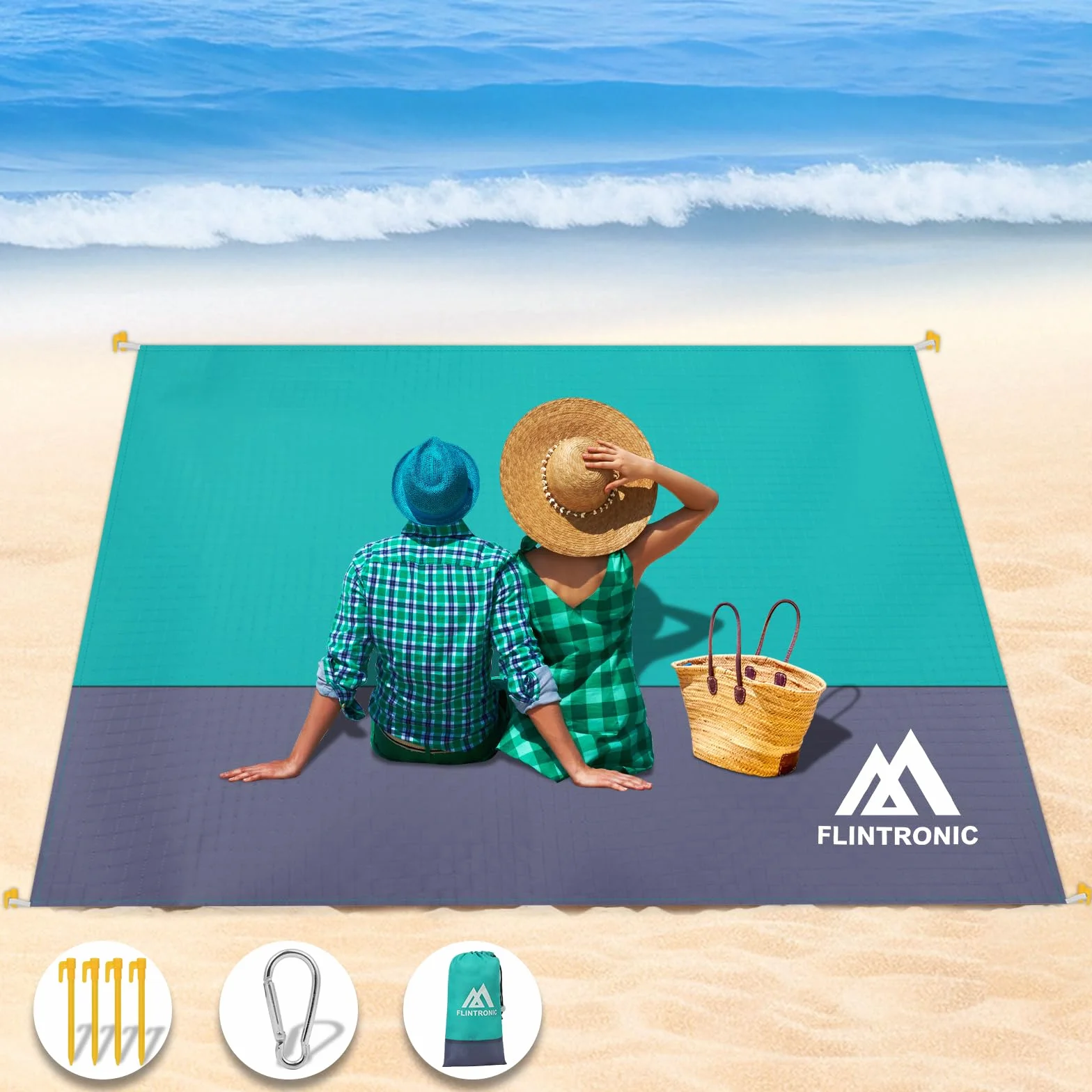 flintronic Koc plażowy, odporny na piasek, mata plażowa, bez piasku, duży koc piknikowy, wodoodporny, 210 x 200 cm, dla 4-6 dorosłych, na kemping, wędrówki, plażę, piknik