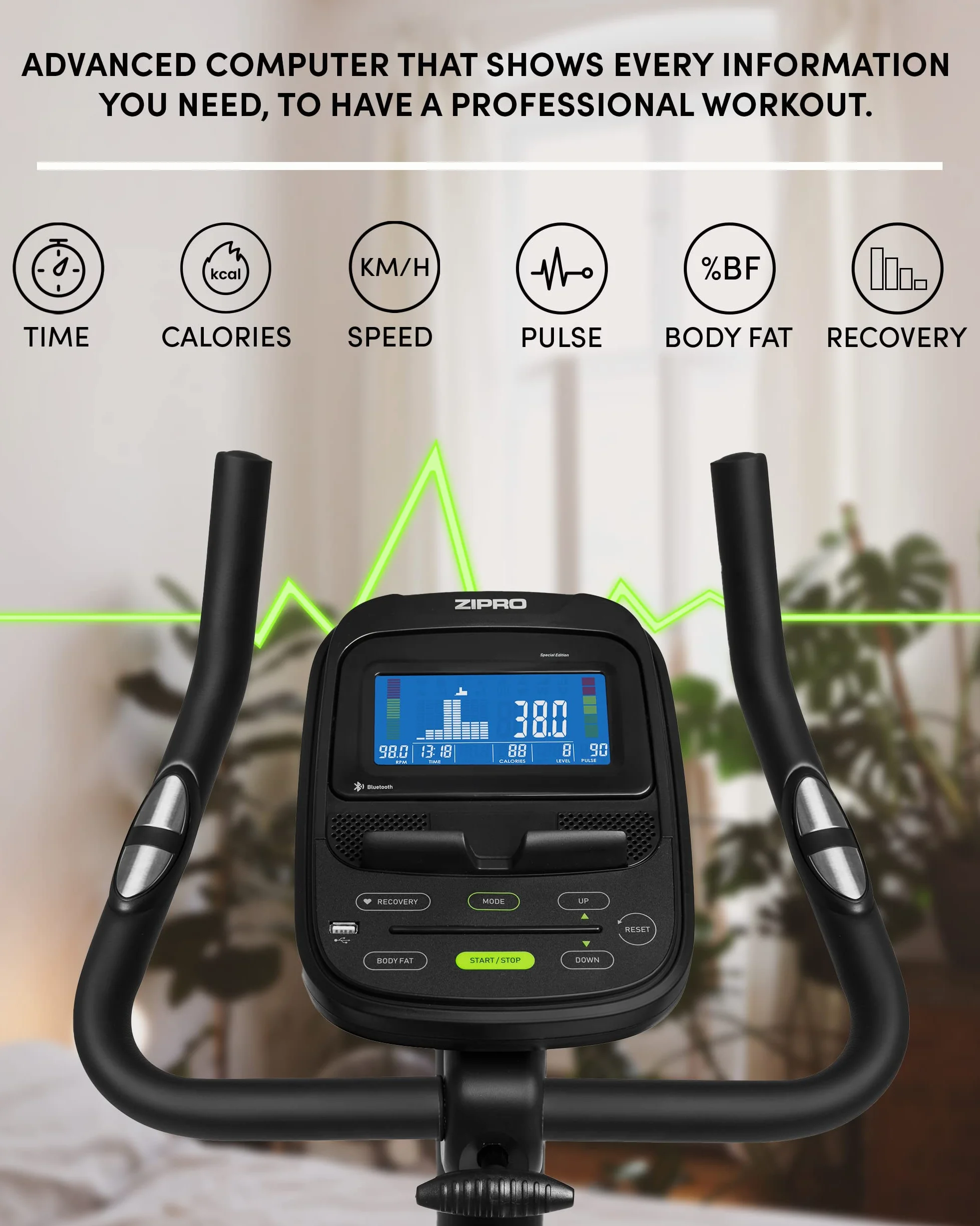 ZIPRO Flame Rower Stacjonarny Elektryczno-Magnetyczny - Domowy Sprzęt Fitness - Kompatybilny z iConsole i Kinomap - Sterowanie za Pomocą Smartfona - Pomiar Pulsu i Tkanki Tłuszczowej