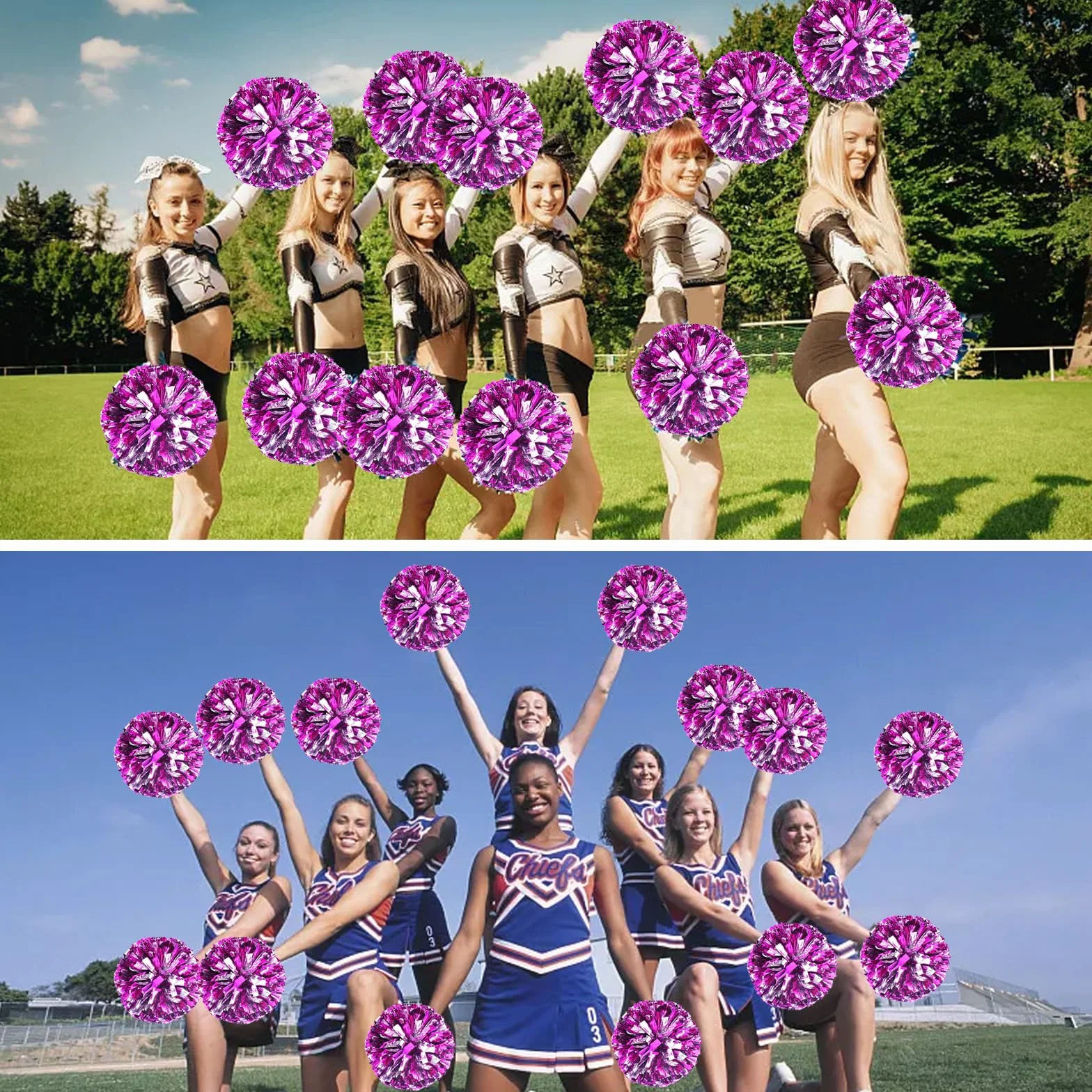 2 pompony cheerleaderek, pompony cheerleaderki, metalowe pompony z folii, sportowe pompony, metaliczne, piękne pompony cheerleaderki, kolorowe pompony dla dzieci, do uprawiania sportu, występów, tańca