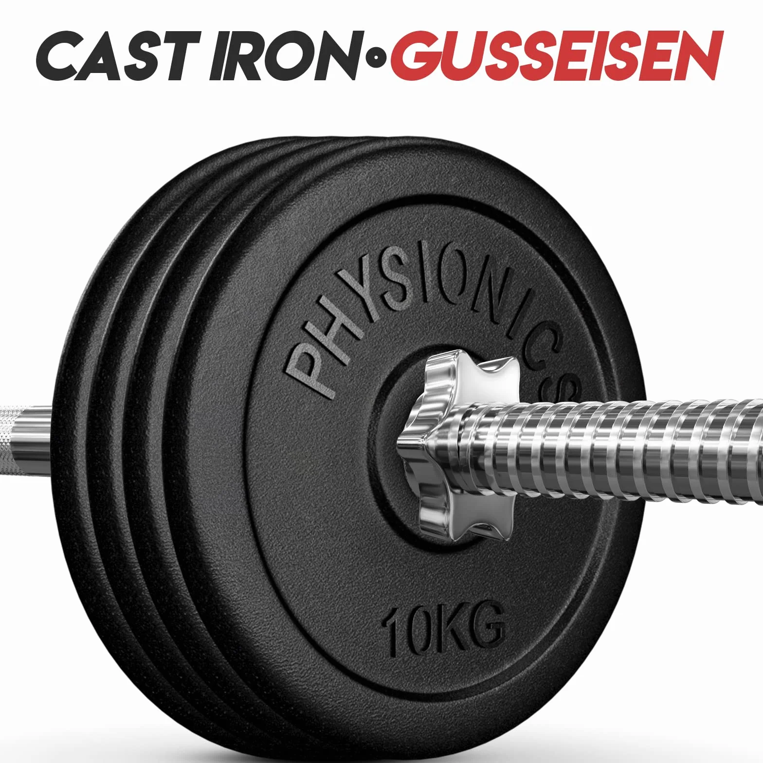 Physionics® Zestaw żeliwnych krążków do hantli – 2x5/4x5/6x5/2x10/4x10/6x10/2x15/6x15/6x15/2x20/4x20/6x20 kg, średnica otworu 30 mm, do hantli długich i krótkich – zestaw obciążników