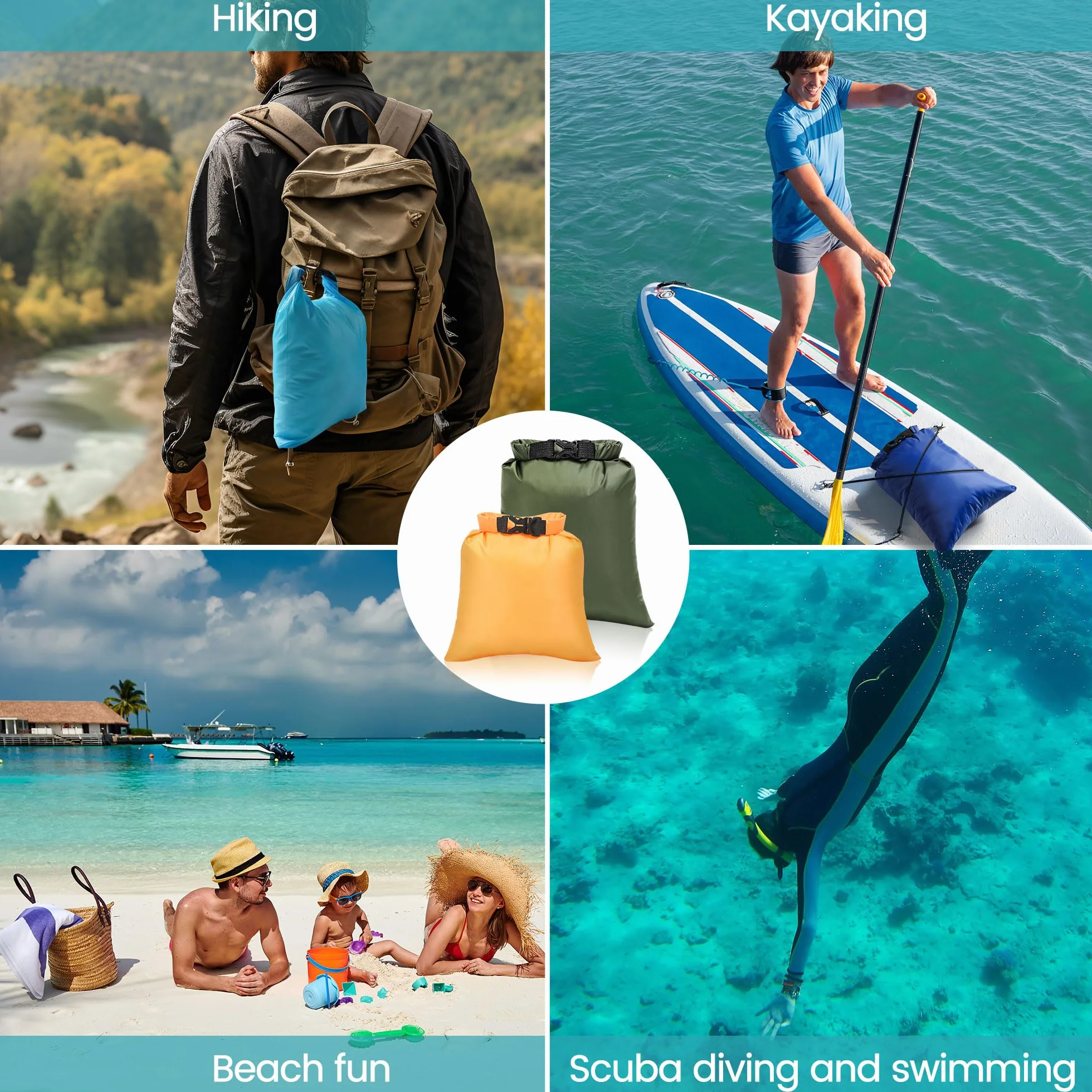 KUOGAS Zestaw toreb wodoodpornych Dry Bag, 6 toreb - 1,5l, 2,5l, 3l, 3,5l, 5l, 8l | Idealne na zewnątrz, sporty wodne i kemping | Ultralekkie i wytrzymałe, wielokolorowe, outdoor