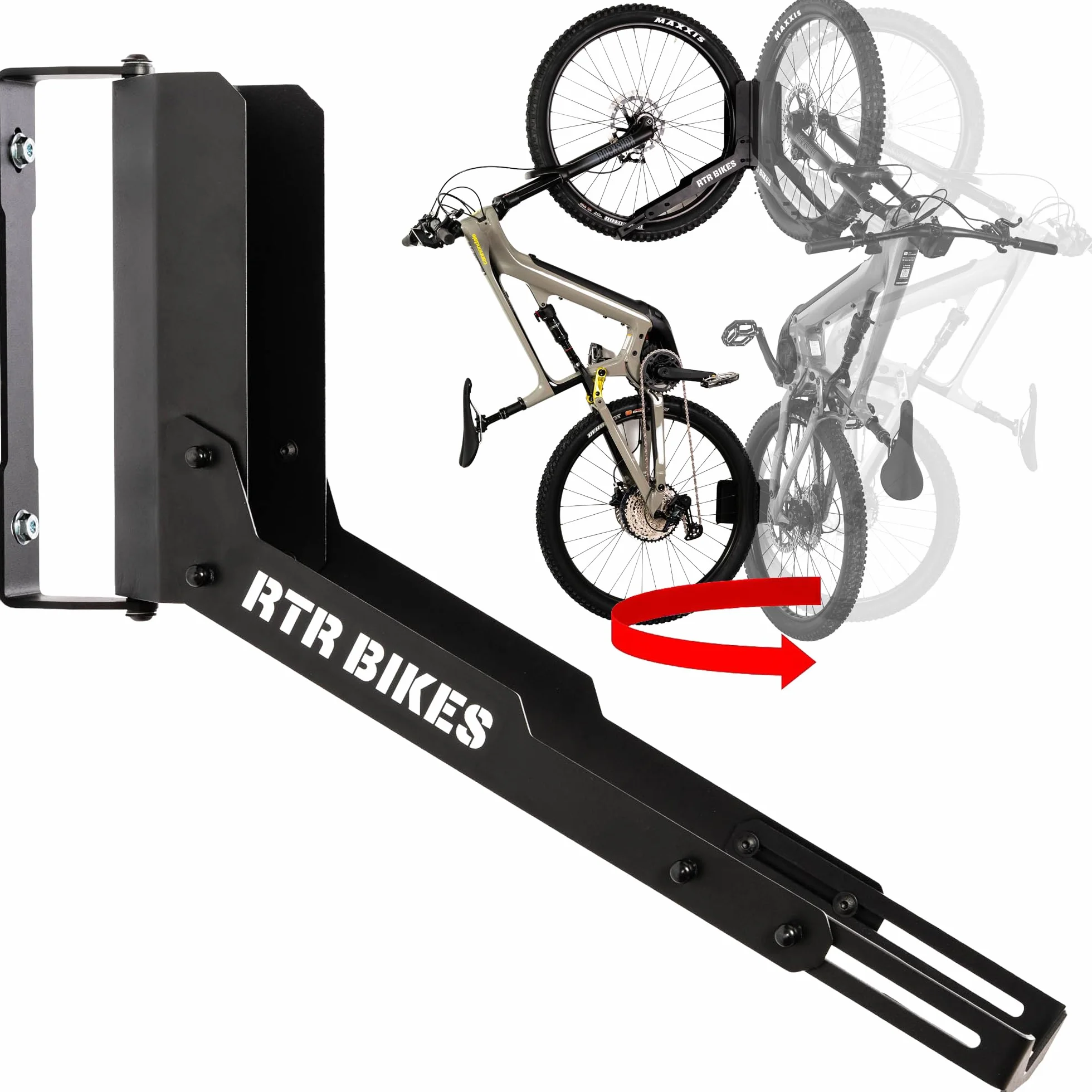 RTR BIKES Kranked Twist Obrotowy Wieszak Rowerowy na Ścianę – Uchwyt 180° – Do E-Bike i MTB do 30kg – Koła 24-29" i Opony 3,5" – Oszczędność Miejsca – Made in Poland