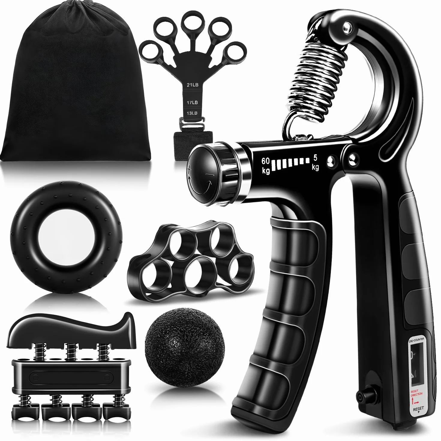 flintronic Zestaw do treningu rąk, trener przedramion z wbudowaną funkcją liczenia, regulowany opór 5-60 kg, trener palców do fitnessu, wspinaczki, treningu siłowego, rehabilitacji dłoni