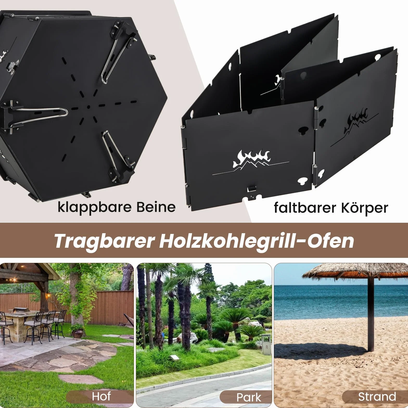 COSTWAY Duży grill na węgiel drzewny, obracany o 360°, palenisko 2 w 1, składany grill, grill kempingowy z uchwytami do gotowania i ogrzewania, na imprezy, kemping, wędrówki z plecakiem, 77 x 74 x 38