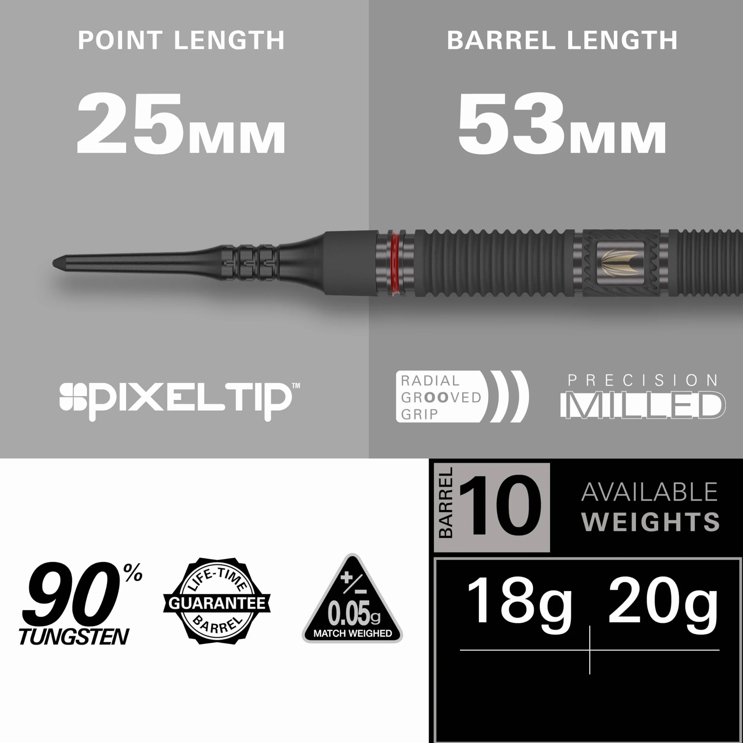 Target Darts Scope Soft Tip Darts, zestaw rzutek z 90% wolframu, czerwono-czarne, pikselowe końcówki, 10-21G