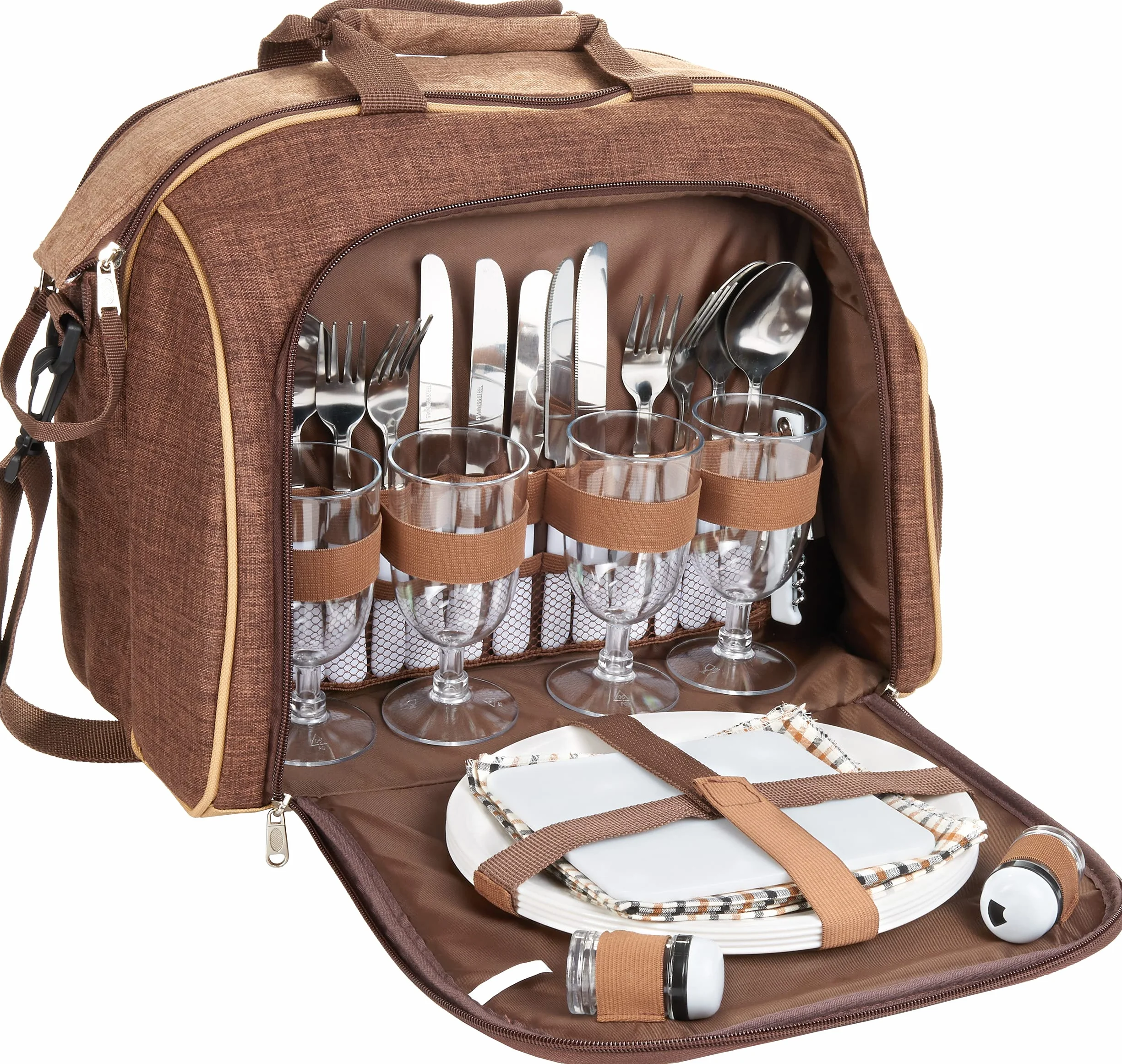Brubaker Torba piknikowa dla 4 osób z komorą chłodzącą – przenośna jako torba na ramię lub torba na ramię – brązowa 38 × 30 x 21,5 cm