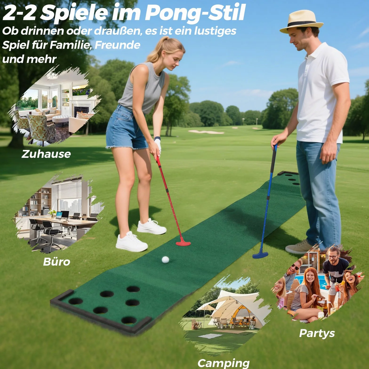 COSTWAY Mata do gry w golfa 332 x 50 cm, putting green z 2 regulowanymi kijkami do puttingu, 6 piłkami i 12 osłonami otworów, przenośna mata golfowa do użytku wewnątrz i na zewnątrz, mata do ćwiczeń