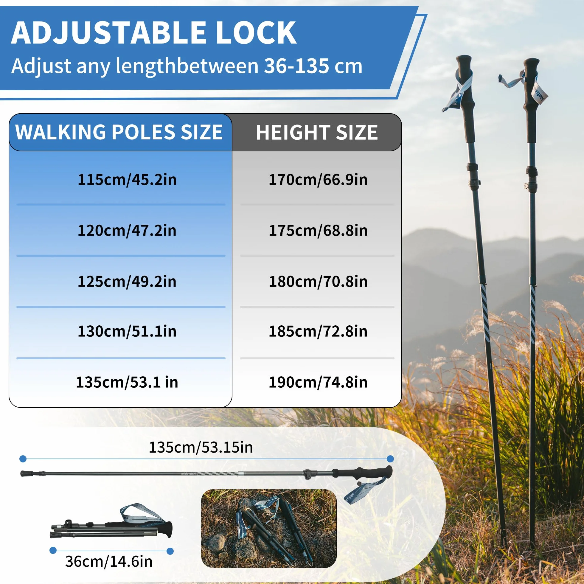 Naturehike Kijki trekkingowe, ultralekkie, składane, 115-135 cm, kijki trekkingowe 7075, aluminiowe kijki trekkingowe dla kobiet i mężczyzn (czarne)