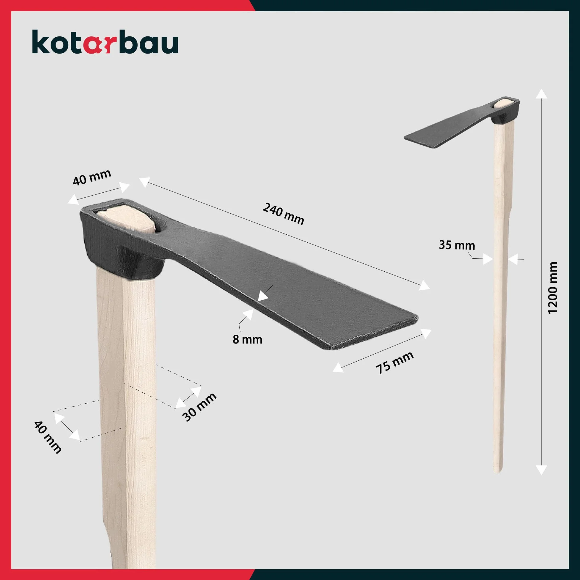 KOTARBAU® Motyka ogrodowa 23 cm z trzonkiem 120 cm z drewna, motyka do chwastów, motyka ogrodowa, narzędzie do przesadzania, pielenia, pielęgnacji ogrodu, narzędzia ogrodowe, narzędzia ogrodowe