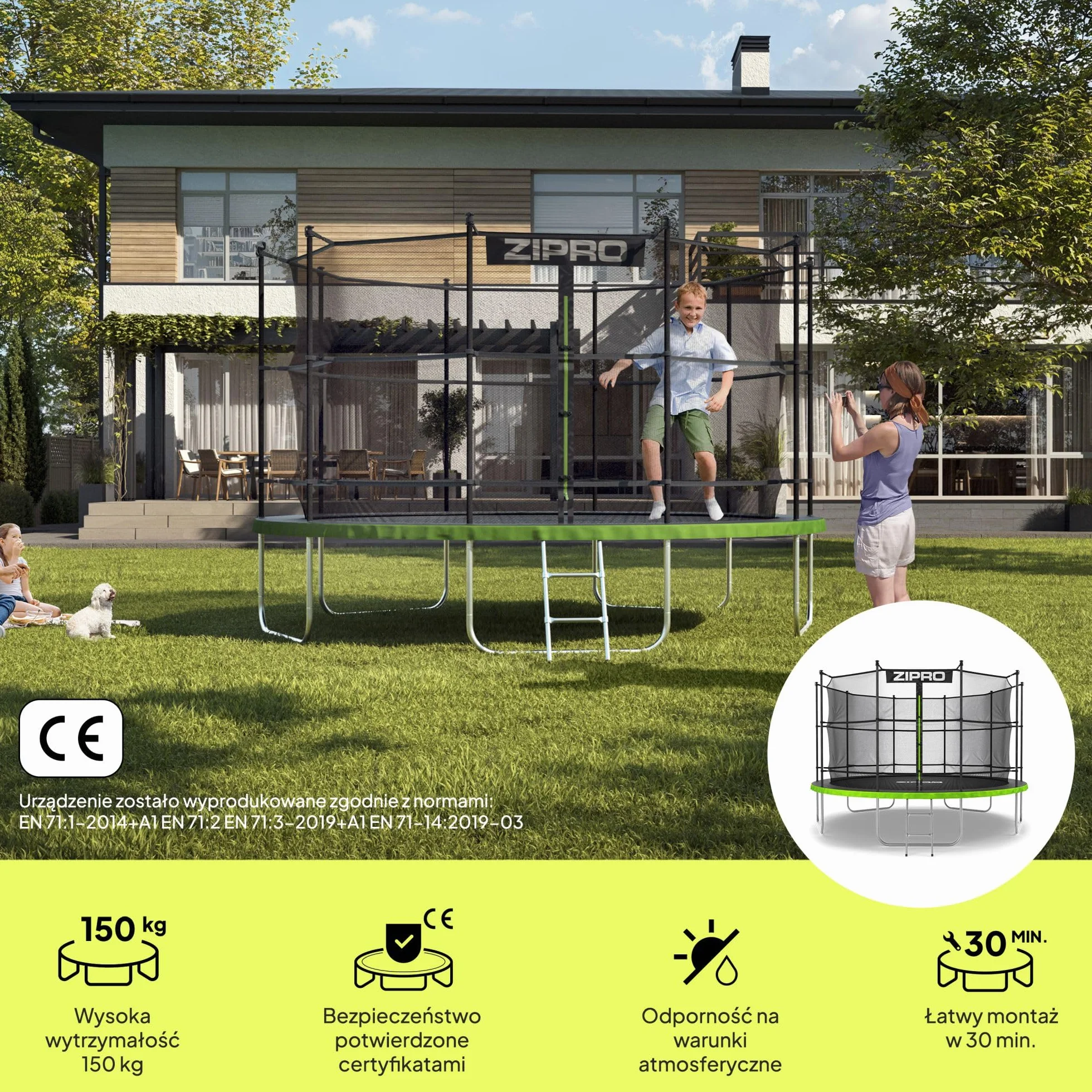 ZIPRO JumpPro IN Trampolina Ogrodowa dla Dzieci z Siatką Wewnętrzną Odporna na Warunki Ochrona UV Udźwig 100-150 kg Ø 435 cm